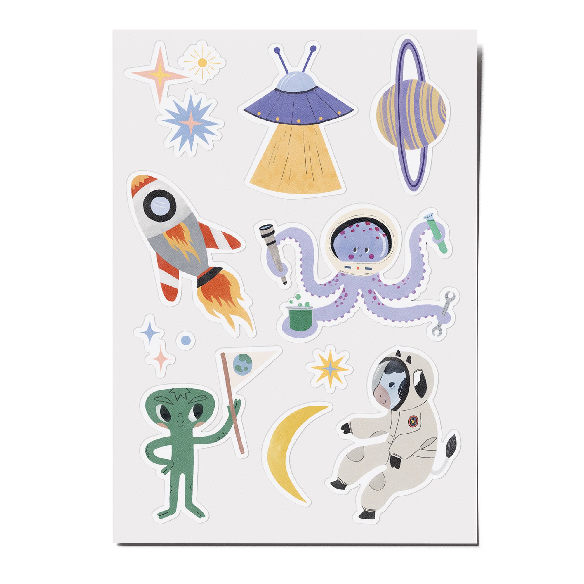 Set of space-themed stickers including a rocket, alien, and astronaut on a white background.