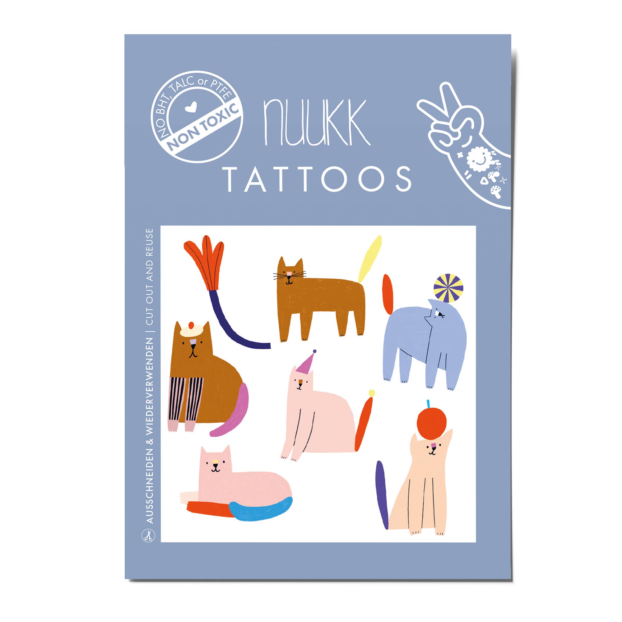 A package of Nuukk Tattoos featuring a light blue-gray background with colorful cartoon-style animal and abstract tattoo designs, including a cat, elephant, and abstract shapes. The brand name 'NUUKK' is printed prominently at the top, along with a 'Non-Toxic' badge.