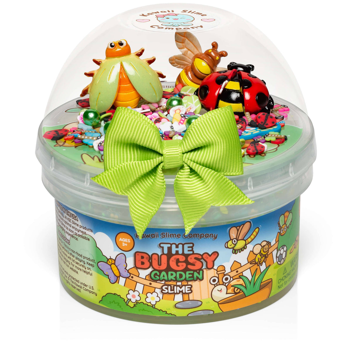 Slime container with colorful slime creatures and a green bow on a white background