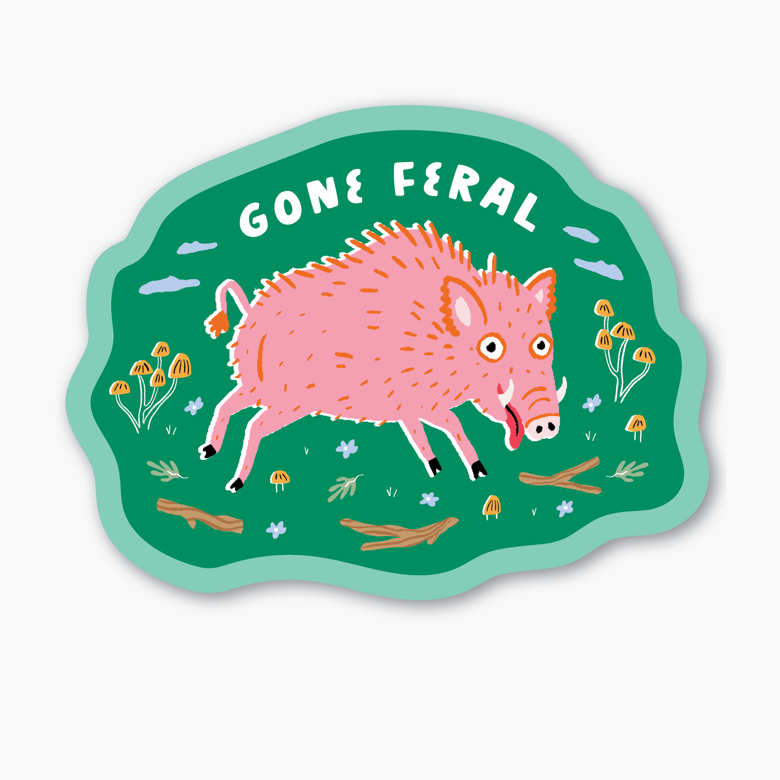 Illustration of a pink boar with 'Gone Feral' text on a green background