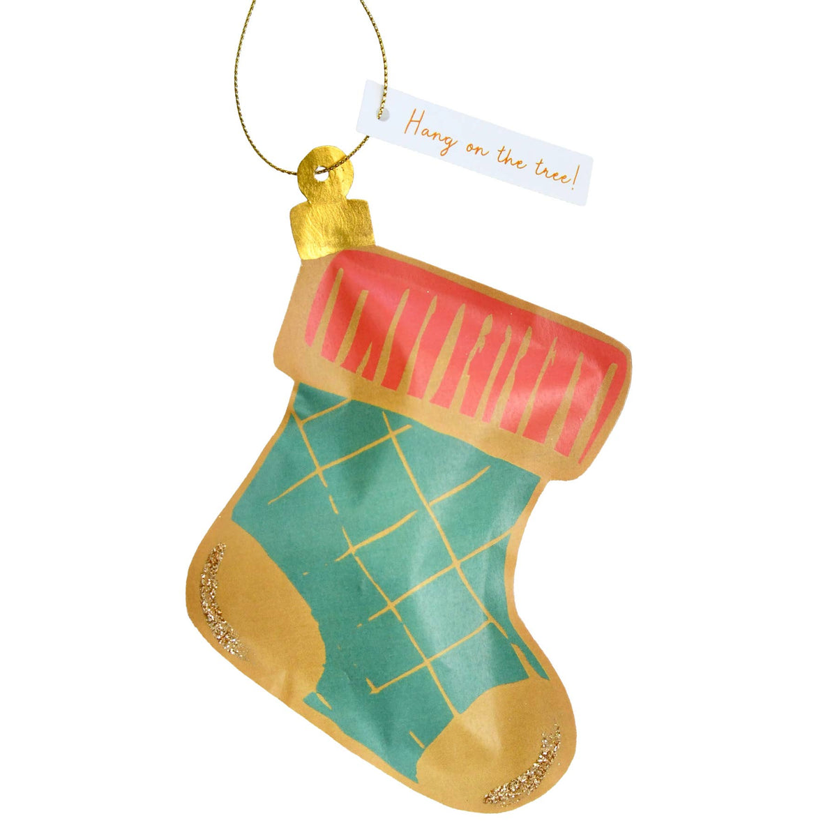 A Christmas stocking ornament with a gold-colored top and trim, a teal green body with gold grid lines, and a coral pink cuff. It features a gold hanging loop with a white tag that reads 'Hang on the tree!'.