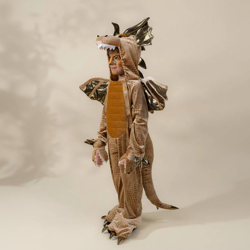 A child wearing a full-body dragon costume with a hooded headpiece, metallic gold wings, and a textured tan and brown body, photographed against a plain light beige studio background.
