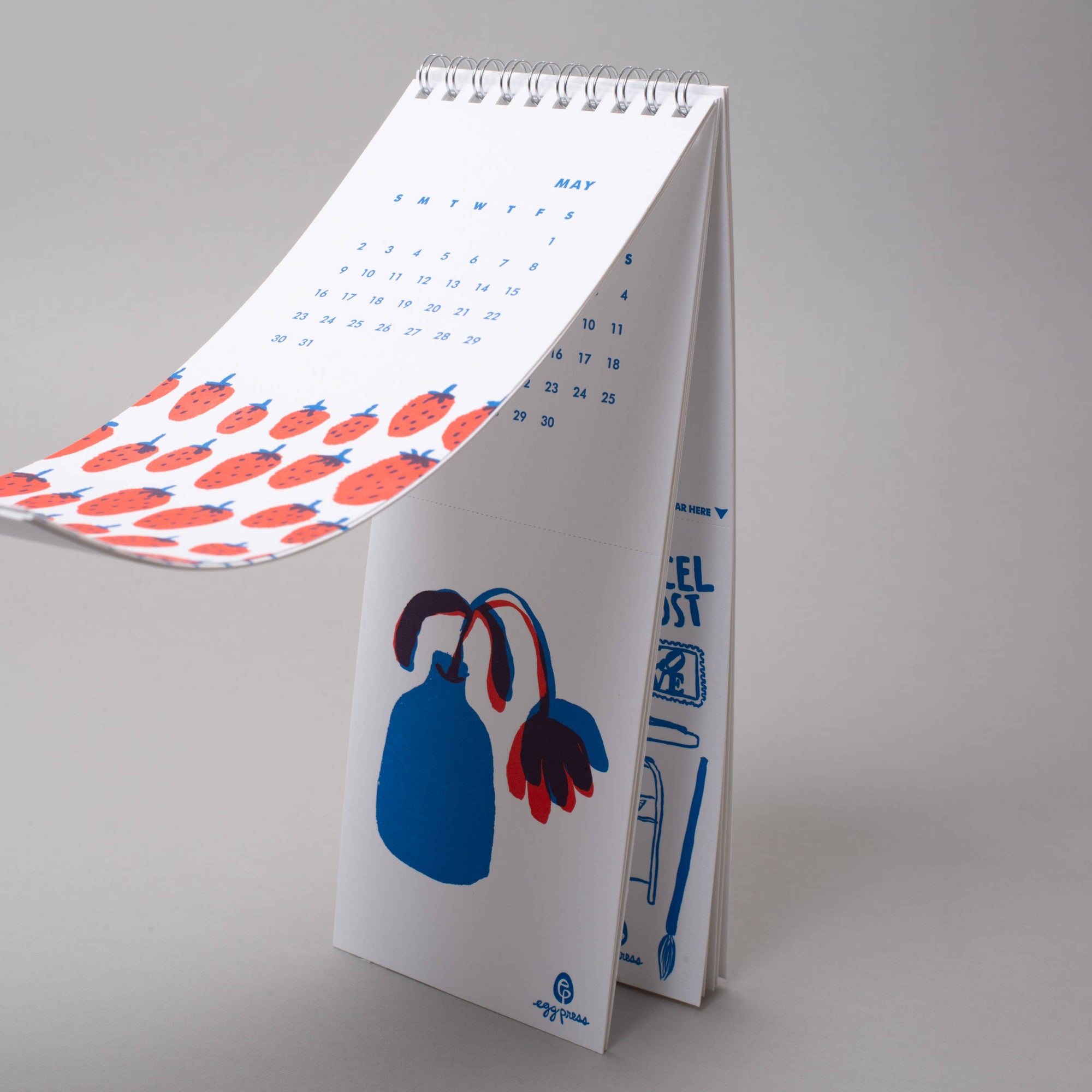 A spiral-bound desk calendar standing upright on a light gray studio background. The calendar page is open to show a May calendar with blue dates and a row of red strawberries along the left edge.