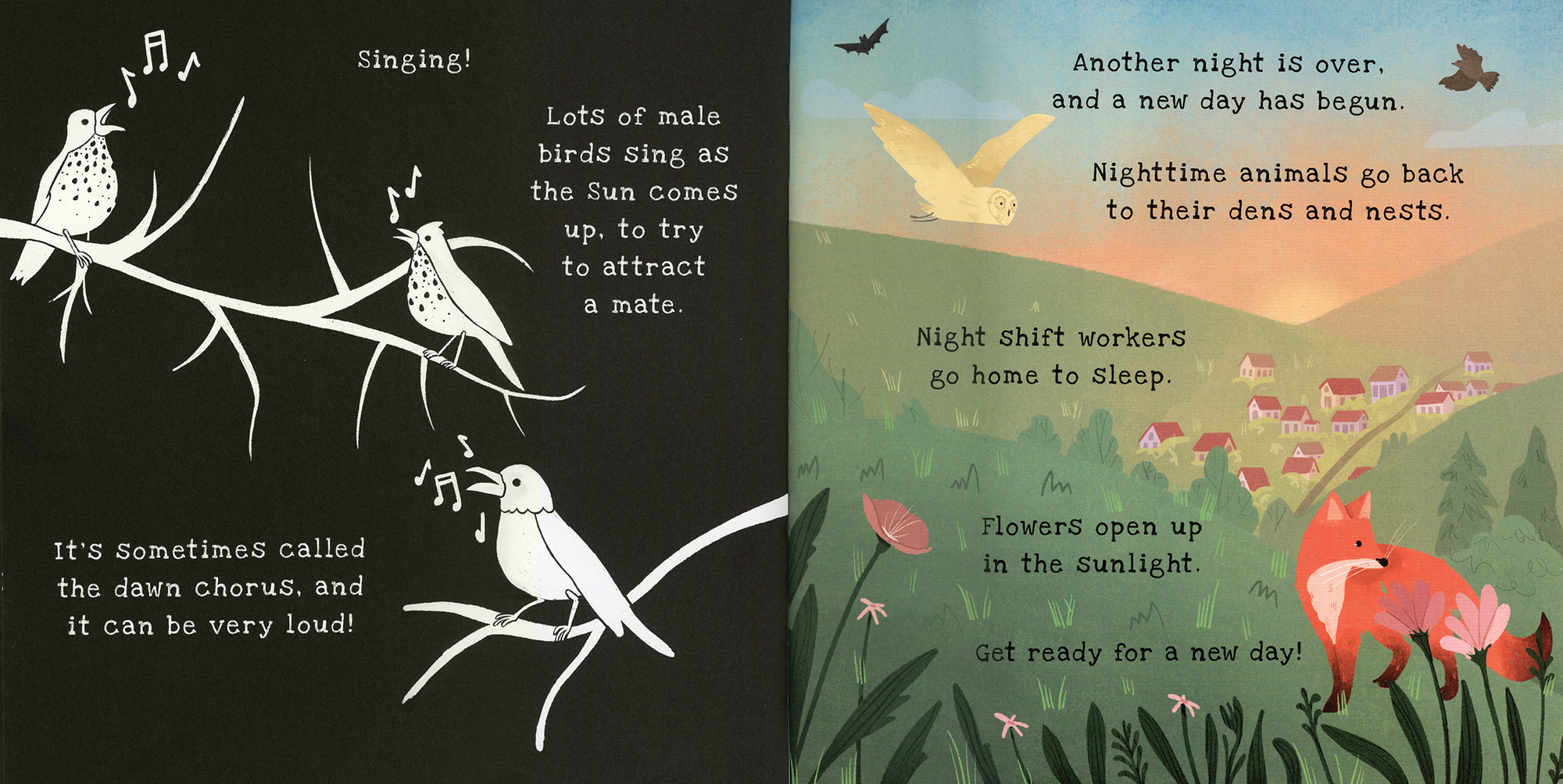 Illustration of birds singing on a branch and a fox in a field with text about animal behaviors.