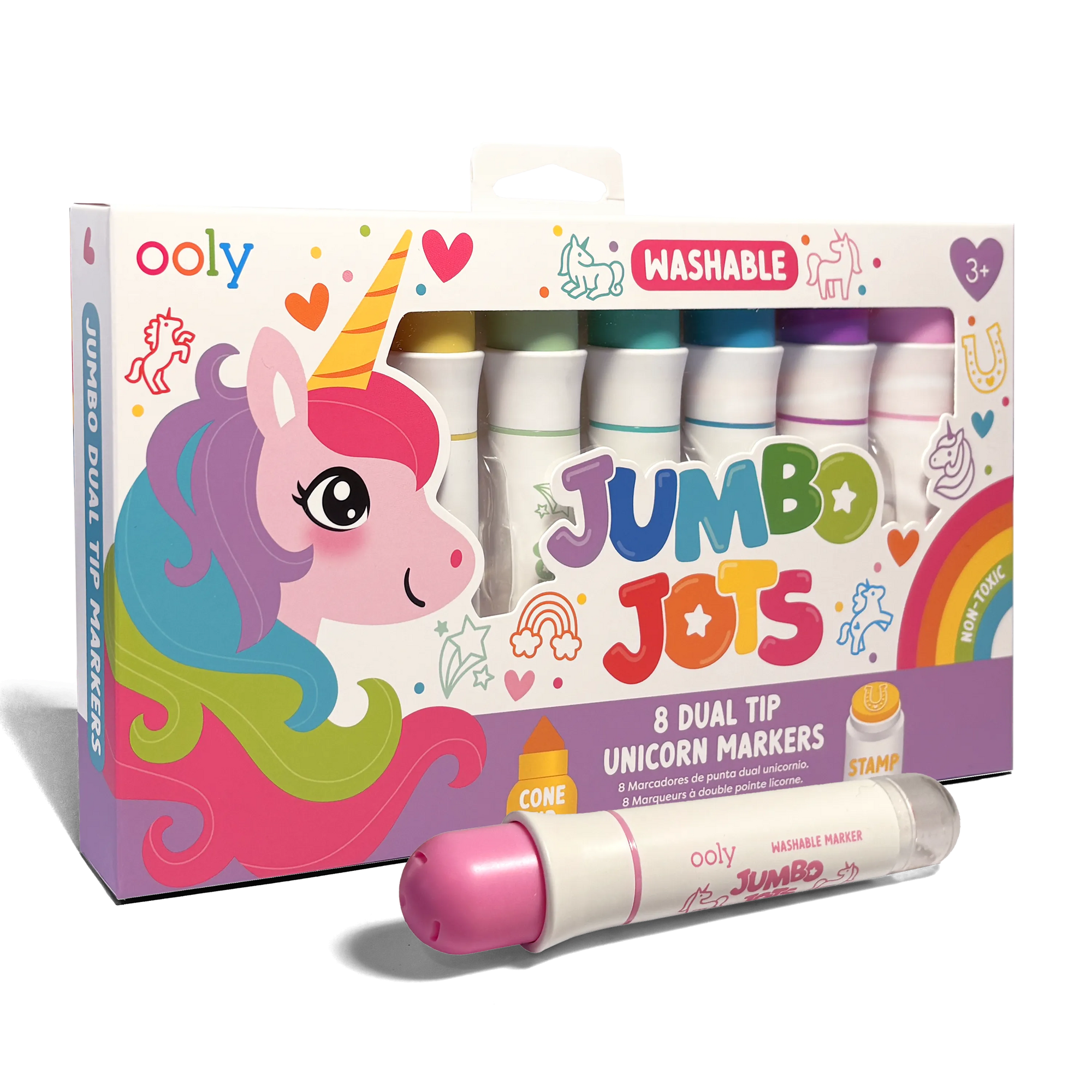 Box of Oolly Jumbo Jots dual tip unicorn markers with a colorful design on a white background.