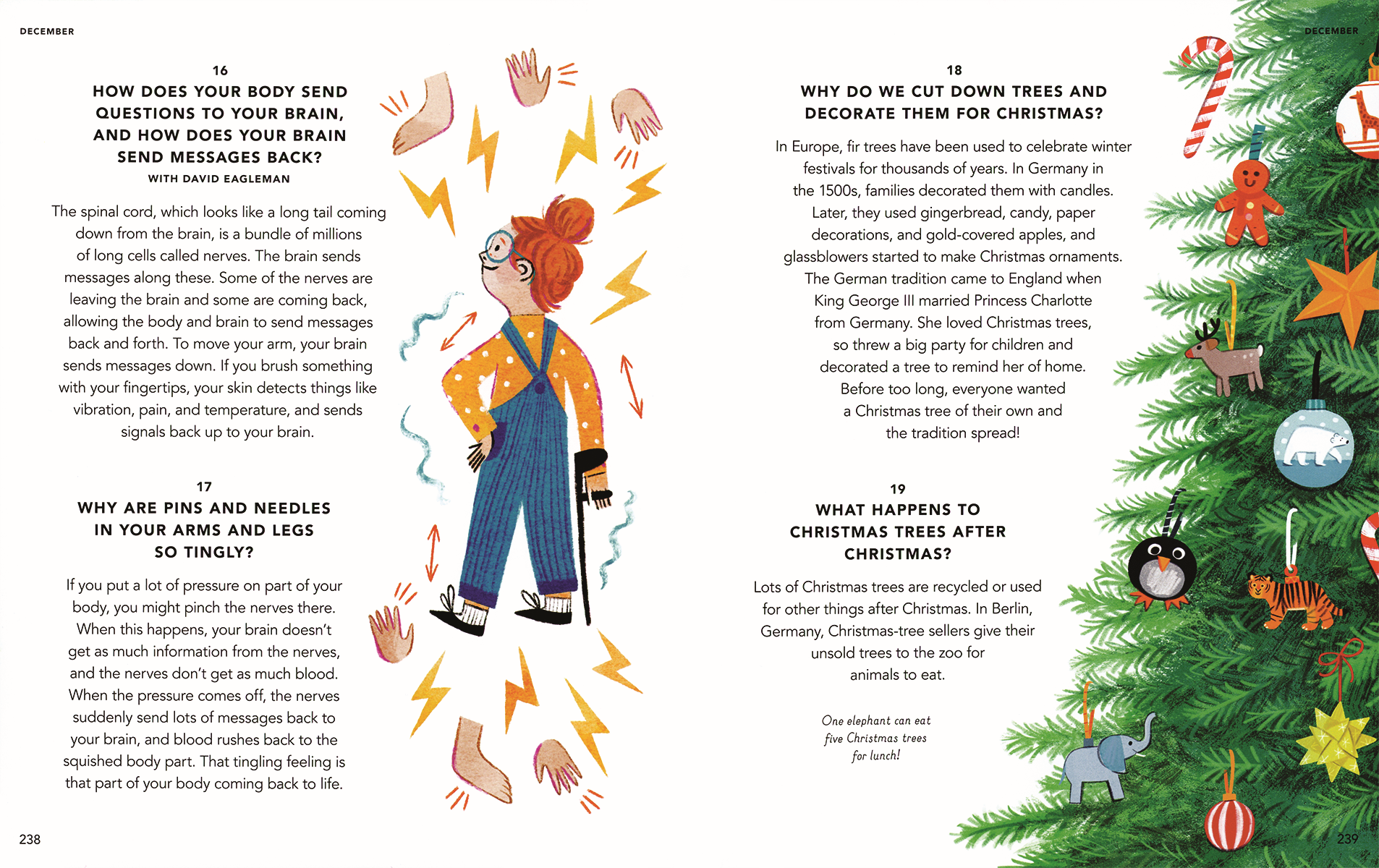 Illustrated book page with a character and Christmas tree, educational content on the right