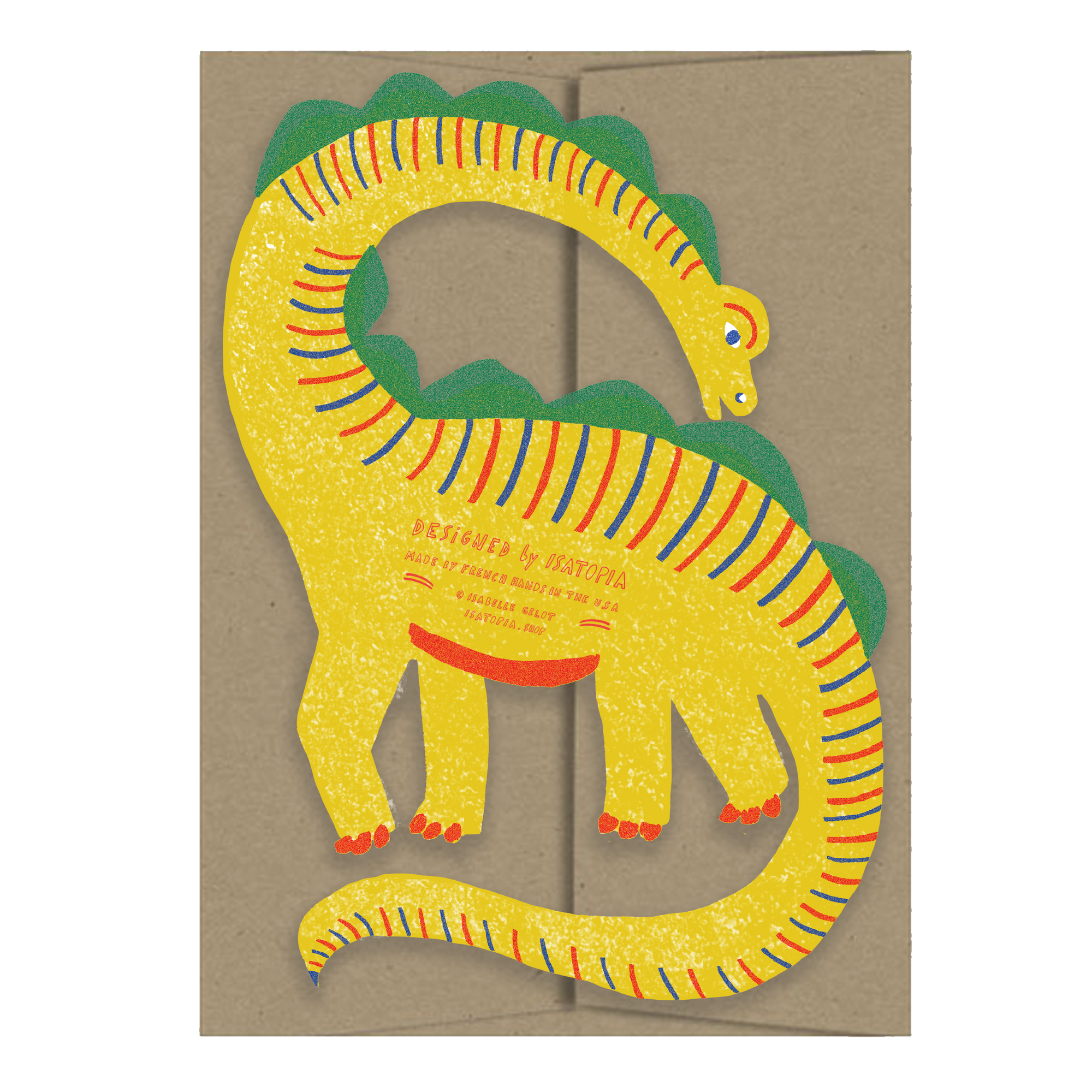 Card with a colorful dinosaur design on a brown background