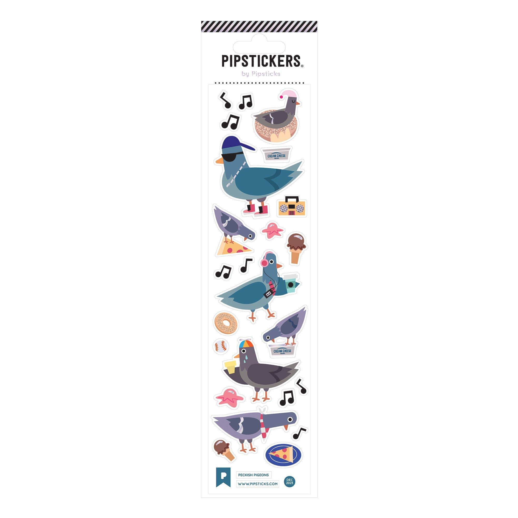 Sheet of colorful pigeon-themed stickers by PipStickers on a white background
