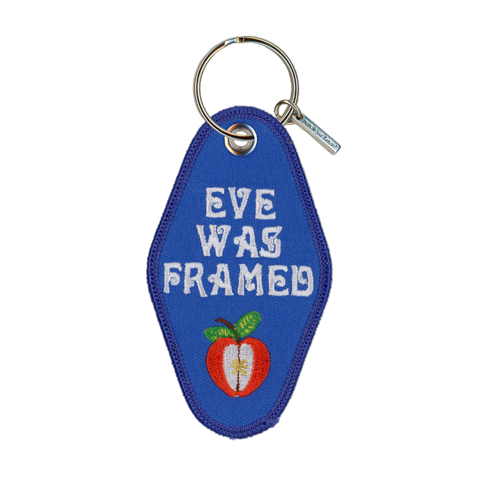 Blue keychain with 'Eve was framed' text and an apple design on a white background