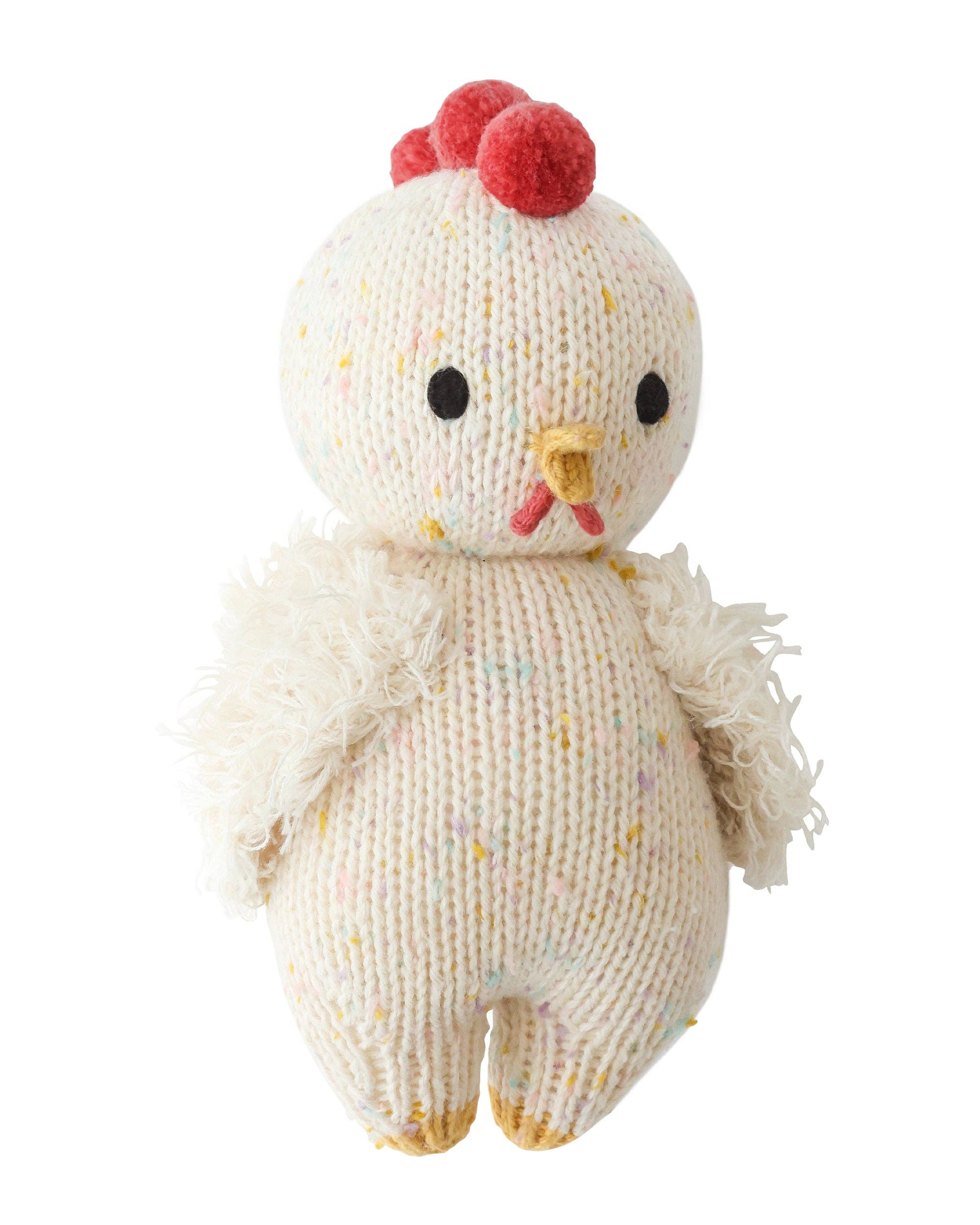 Knitted chicken toy with a red comb on a white background