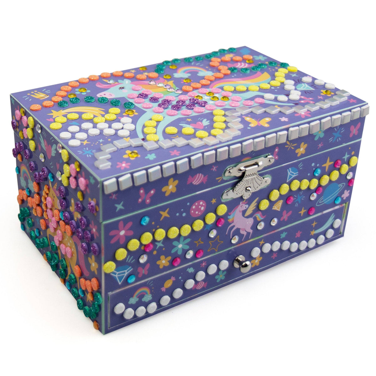 Decorative jewelry box with colorful patterns on a white background