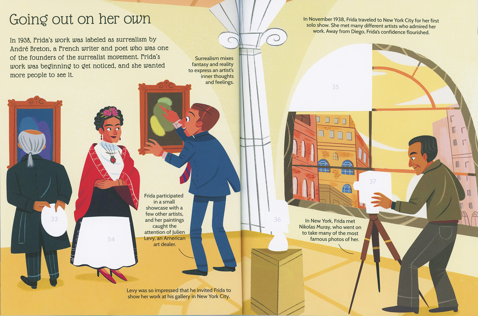 Illustration of a scene from Frida Kahlo's life in New York City, featuring a man and woman interacting with art and a cityscape.