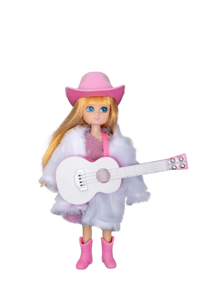 Doll in cowgirl outfit with pink hat, white guitar, and pink boots on a white background