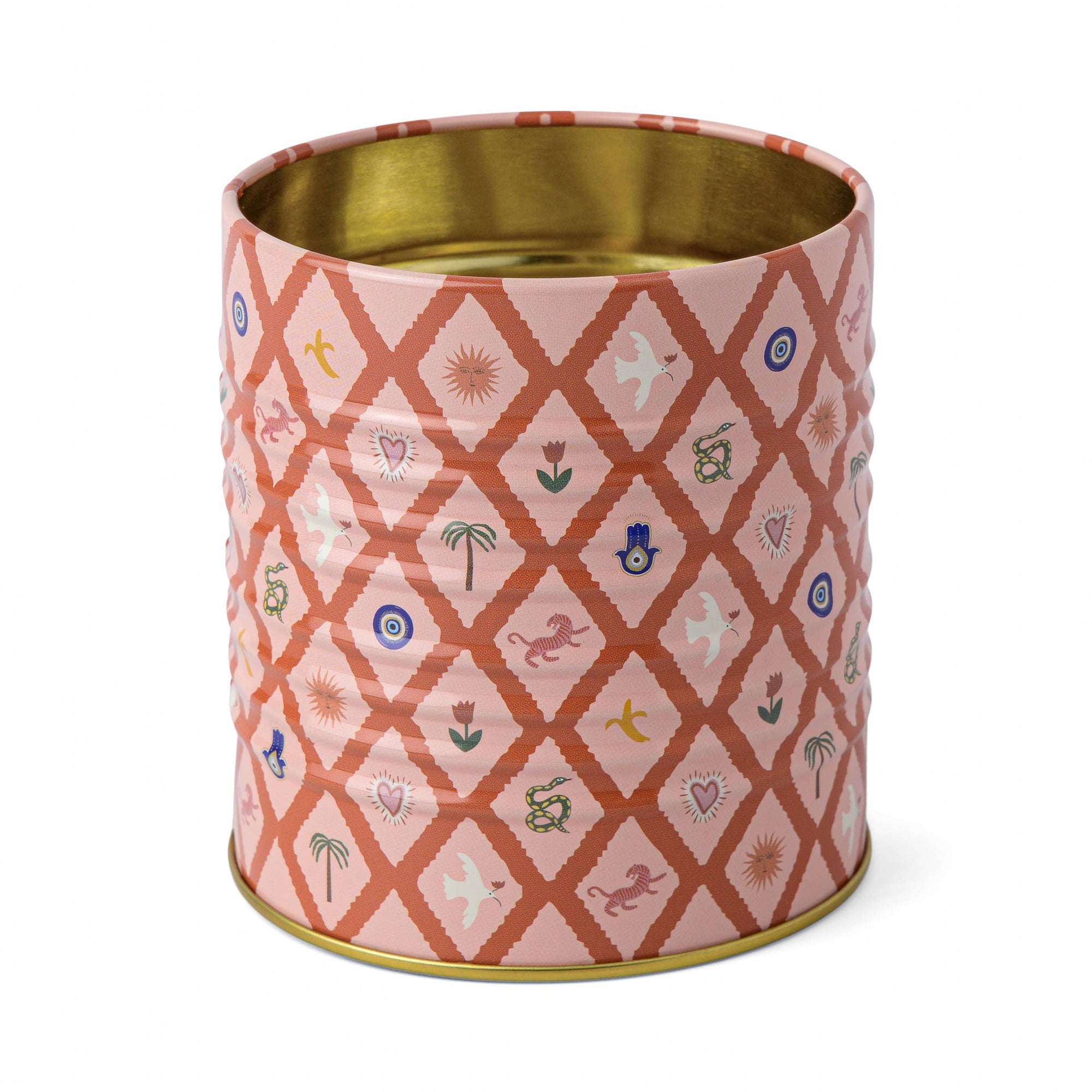 Decorative pink tin can with geometric pattern and gold interior on a white background