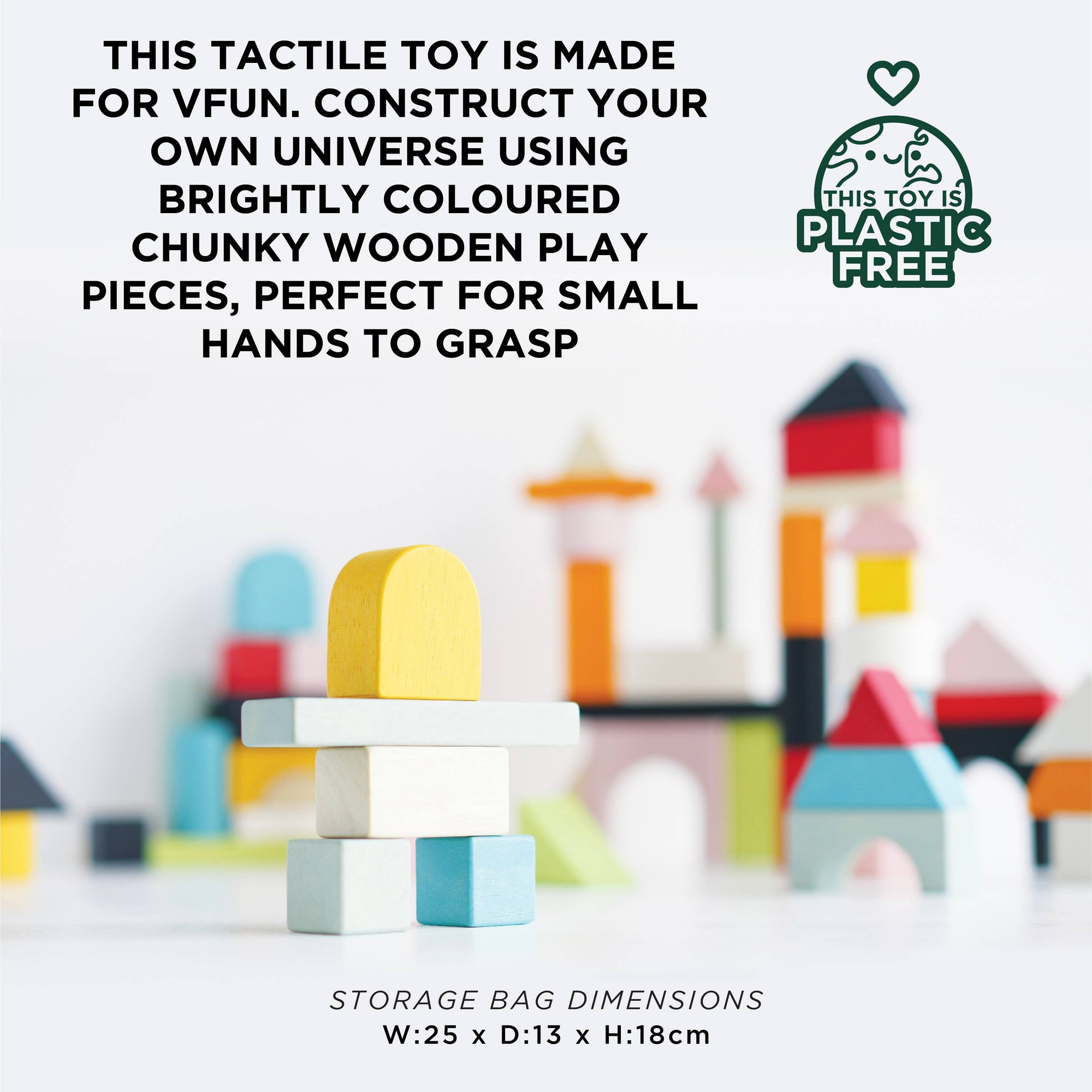 Colorful wooden building blocks with text about the toy's features and being plastic-free.