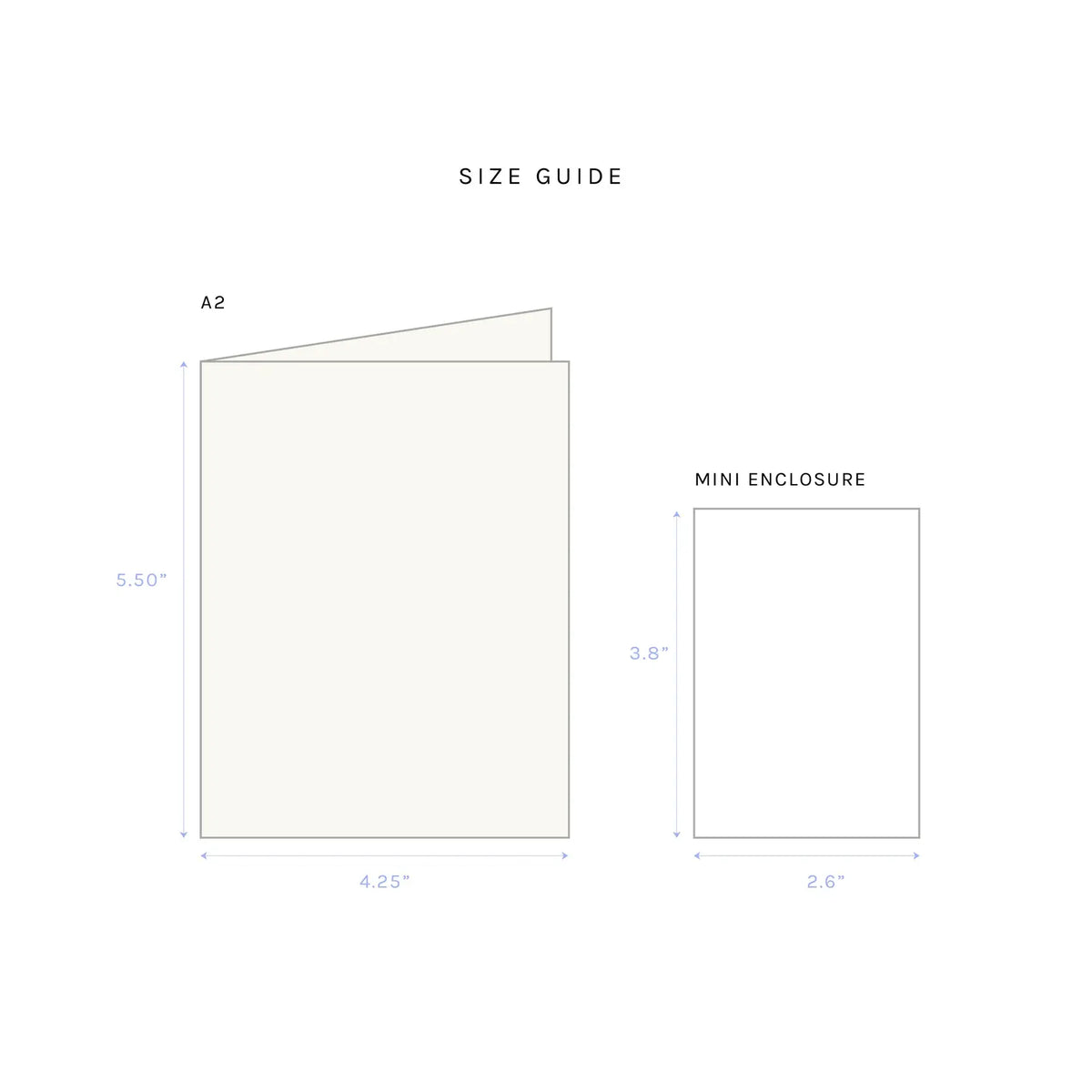 A size guide diagram showing an A2 envelope and a mini enclosure with dimensions labeled in inches on a plain white background.