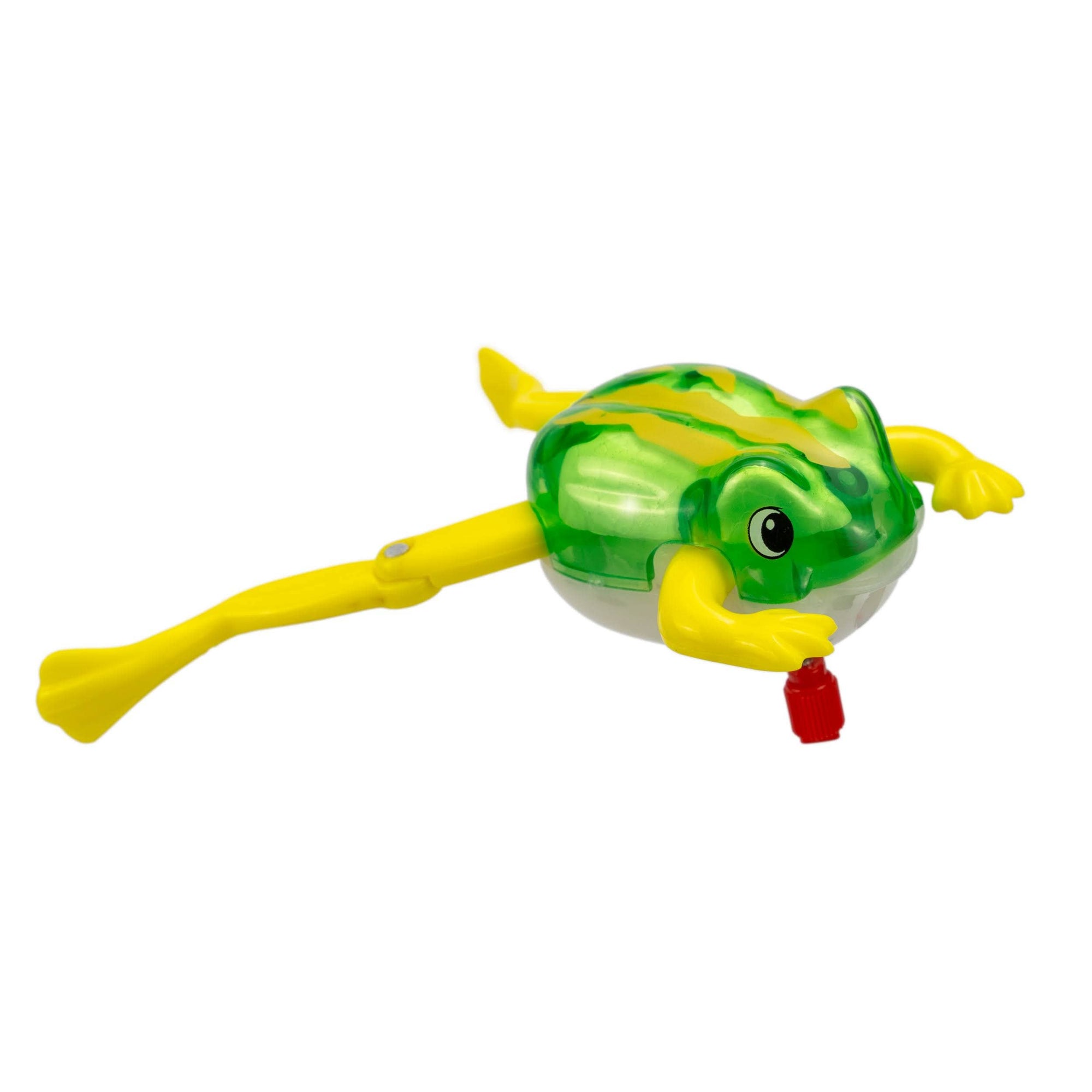 Toy frog with a red tag on a white background
