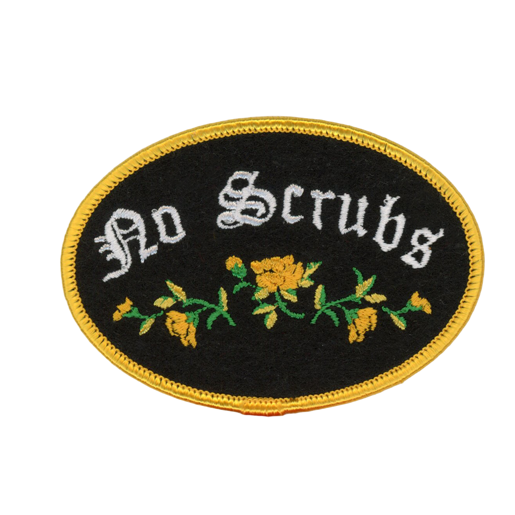 Embroidered patch with 'No Scrubs' text and floral design on a black background