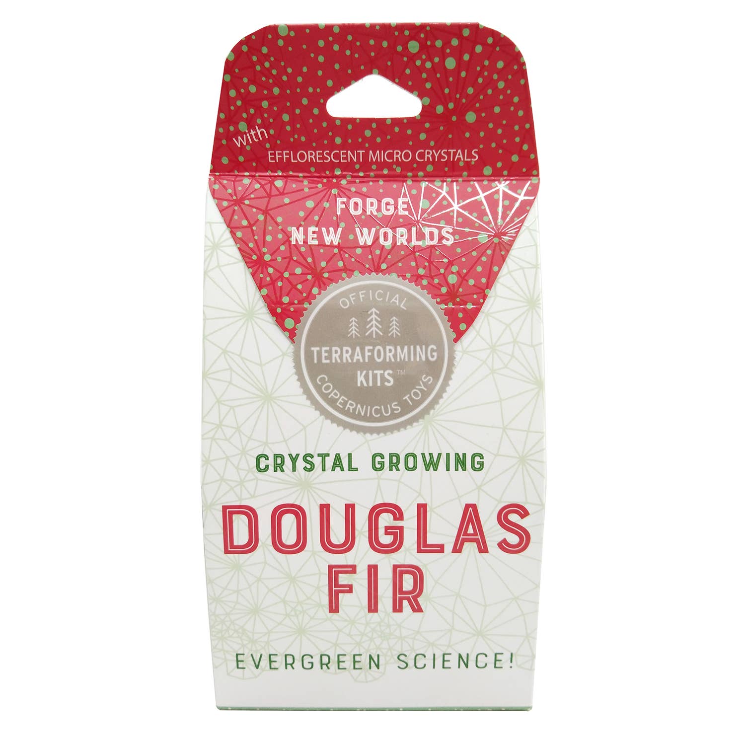 Crystal growing kit packaging for Douglas Fir with red and white design on a white background