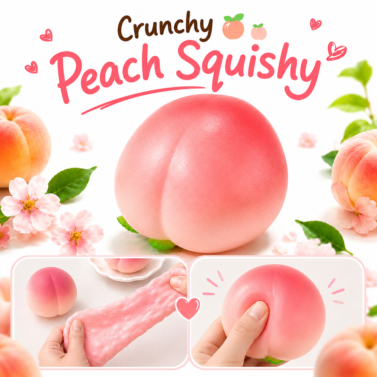 A peach-shaped squishy toy centered on a white background with decorative peach illustrations, leaves, and pink blossoms. Large text at the top reads 'Crunchy Peach Squishy.
