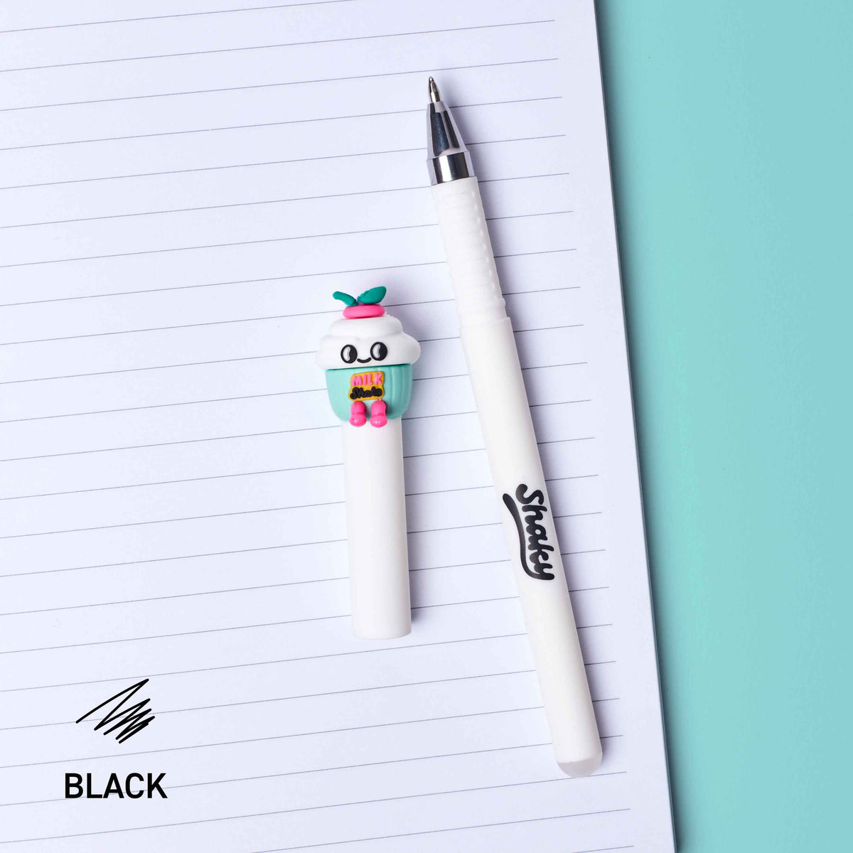 White pen with a cartoon character on a lined paper background