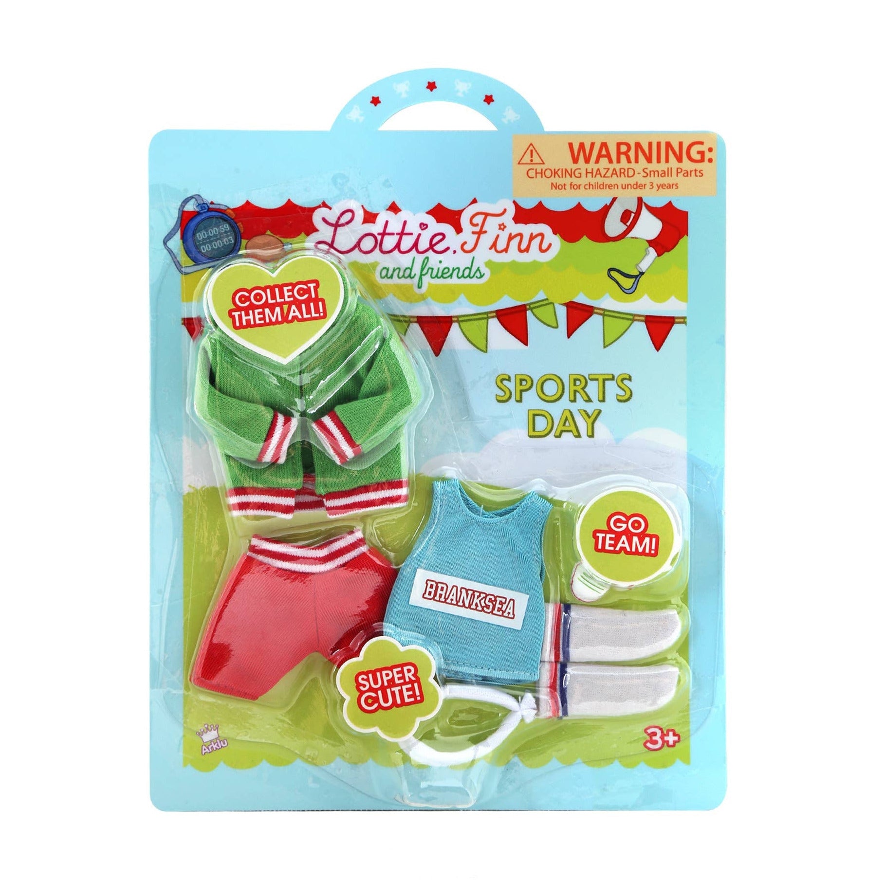 Toy packaging with sports-themed items and Lottie Finn branding on a white background