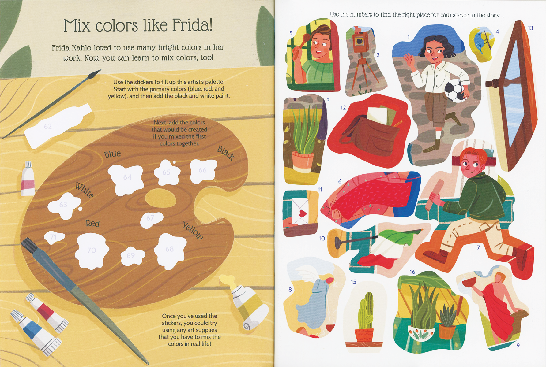 Illustrated book page with a paint palette and colorful cut-out figures on a wooden surface.