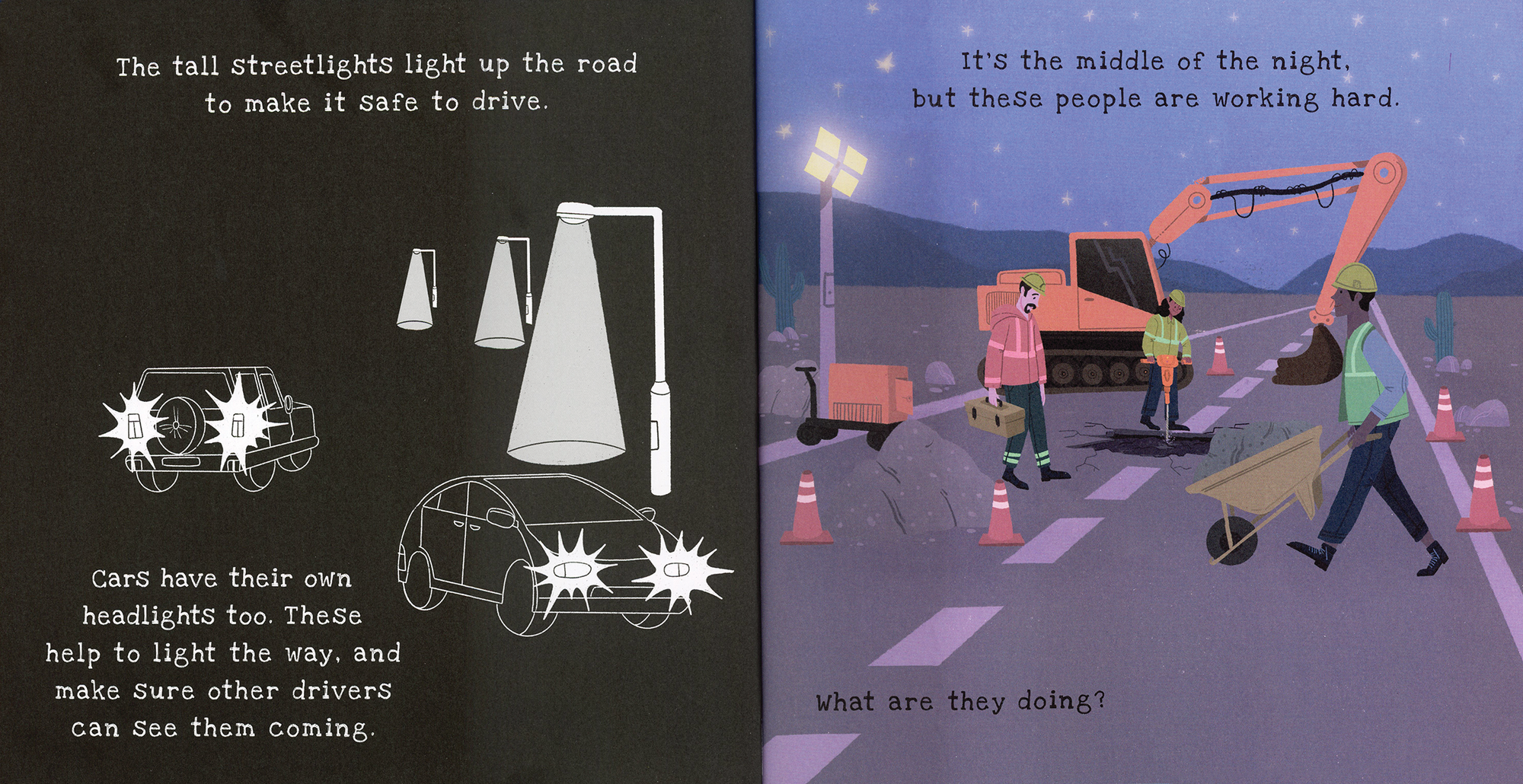 Illustration of streetlights and cars with text explaining their functions, followed by a scene of workers on a road at night.