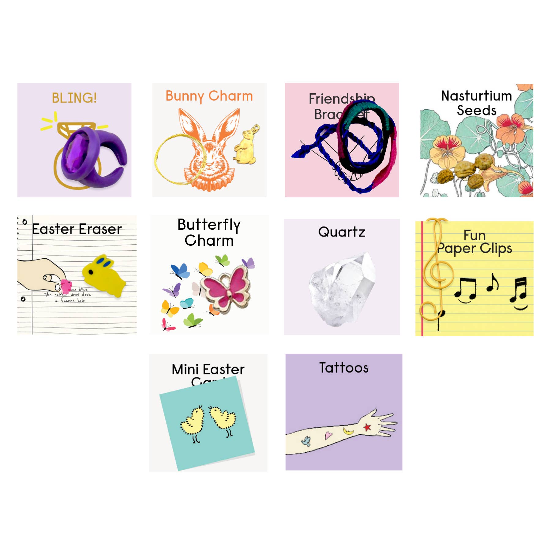 Collection of various small items with colorful packaging on a white background