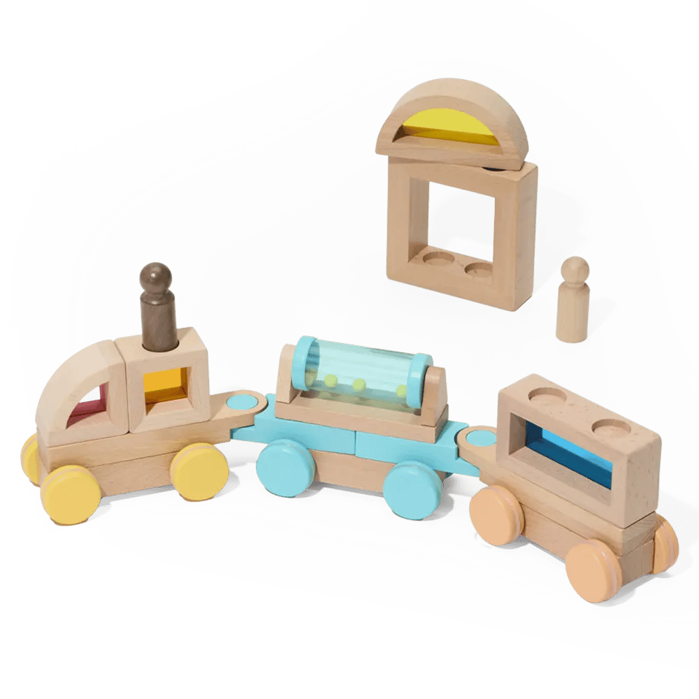 Wooden toy train set with colorful wheels on a white background