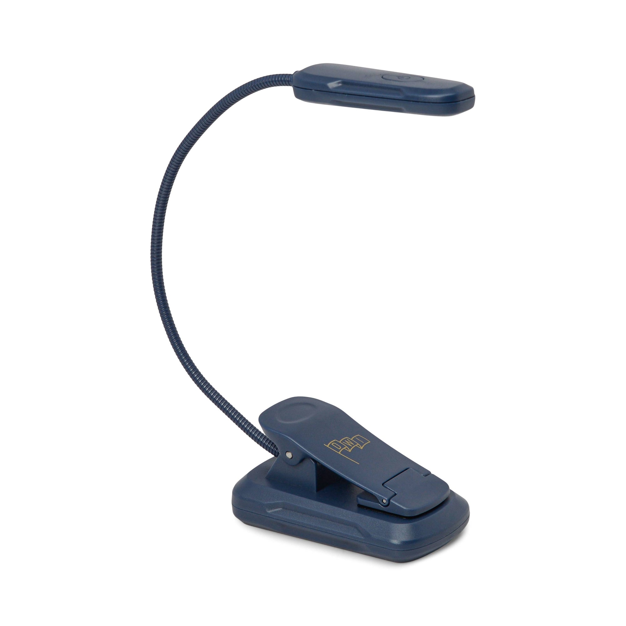 Navy blue book light with flexible neck on a white background