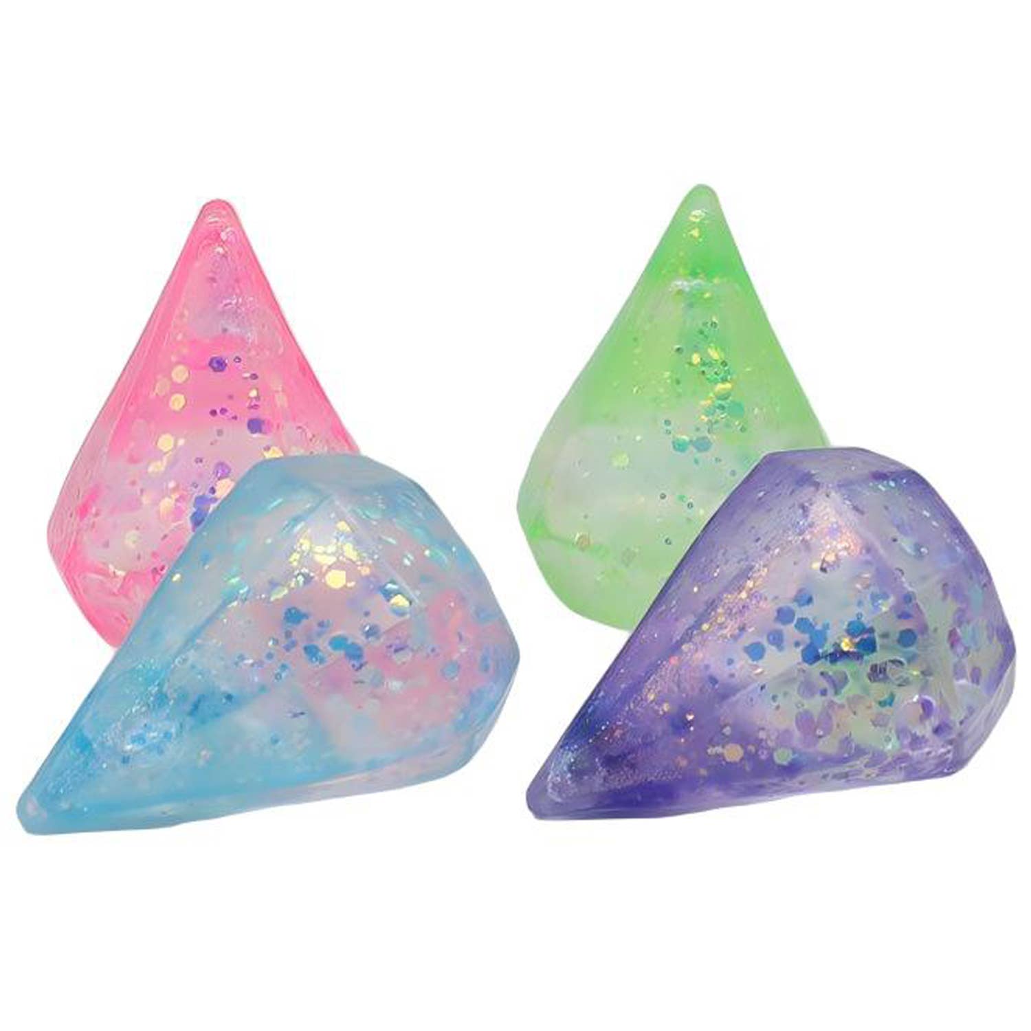 Four colorful, glittery cone-shaped objects on a white background