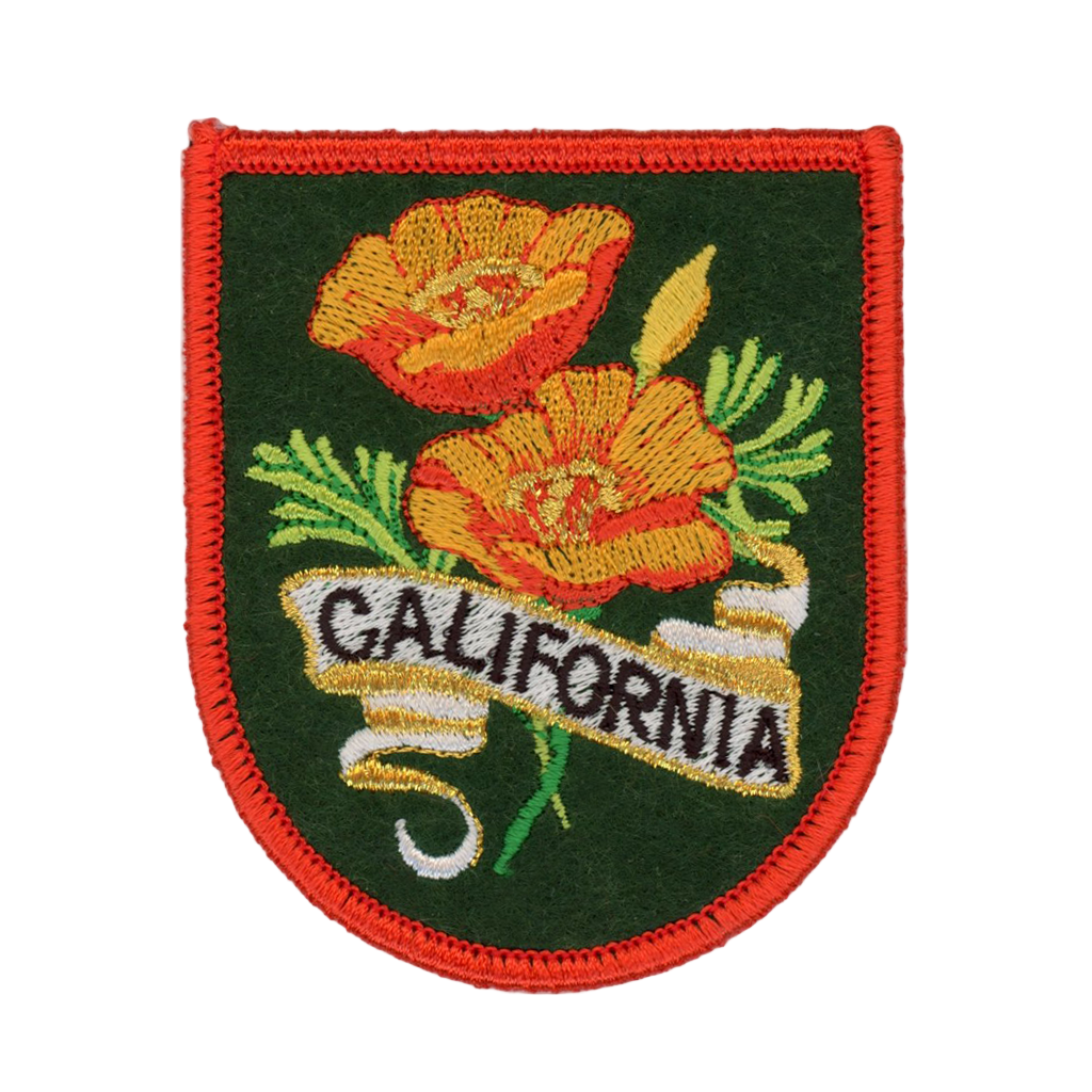 Embroidered patch with California poppies and 'California' text on a green background