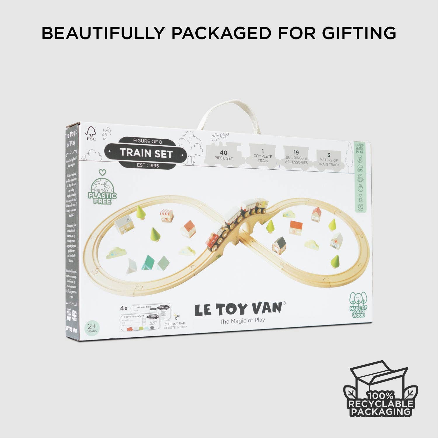 Le Toy Van train set packaging on a white background with text 'Beautifully packaged for gifting'.