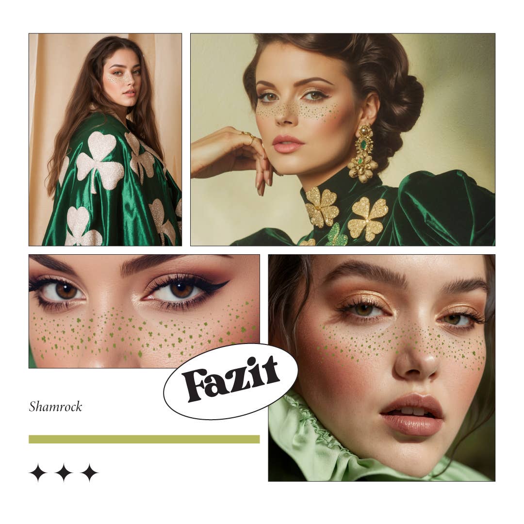 Collage of a woman wearing shamrock-themed clothing and jewelry with 'Fazit' branding.