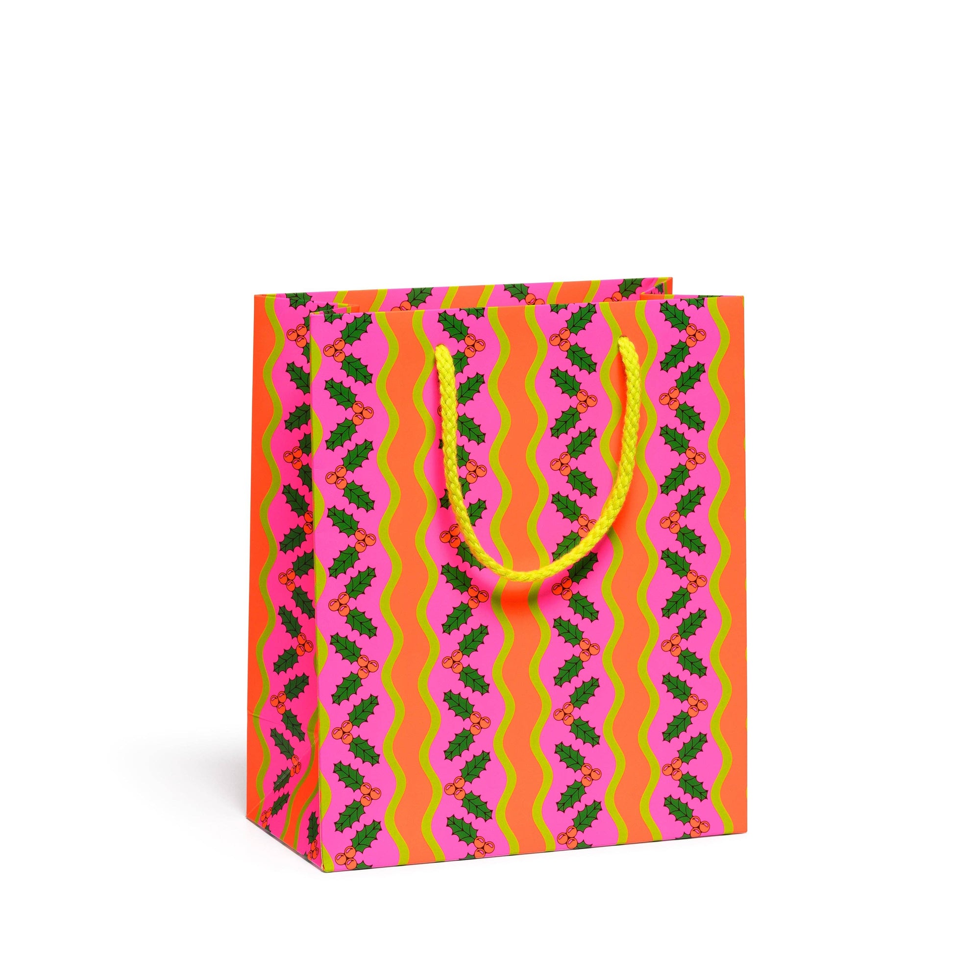 Colorful gift bag with wavy pattern on a white background