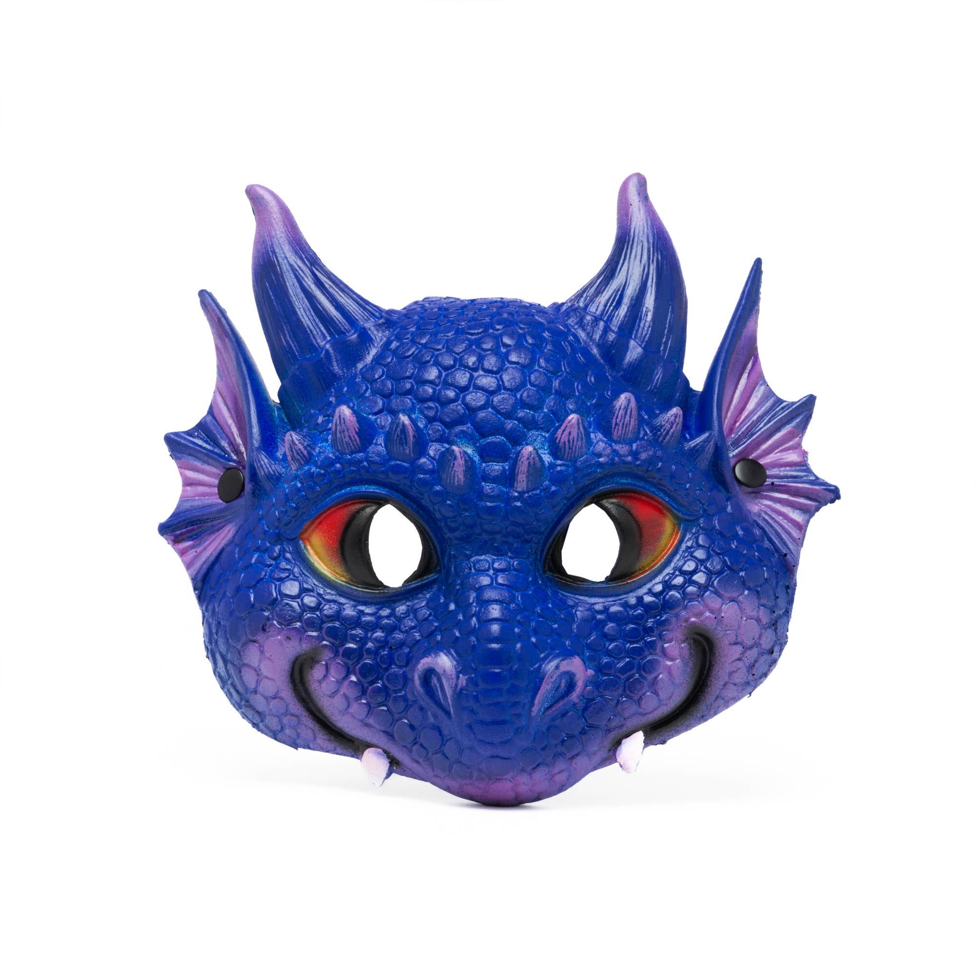Blue dragon mask with purple accents on a white background