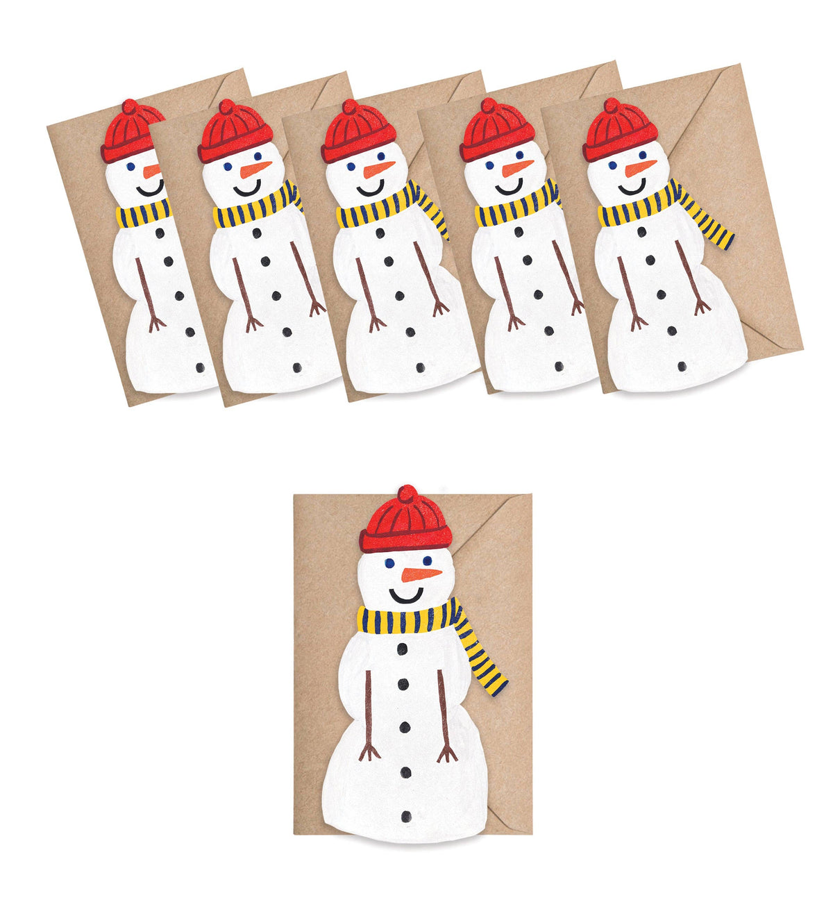 Five snowman greeting cards with brown kraft envelopes, arranged with three fanned out at the top and one upright at the bottom, on a plain white background.