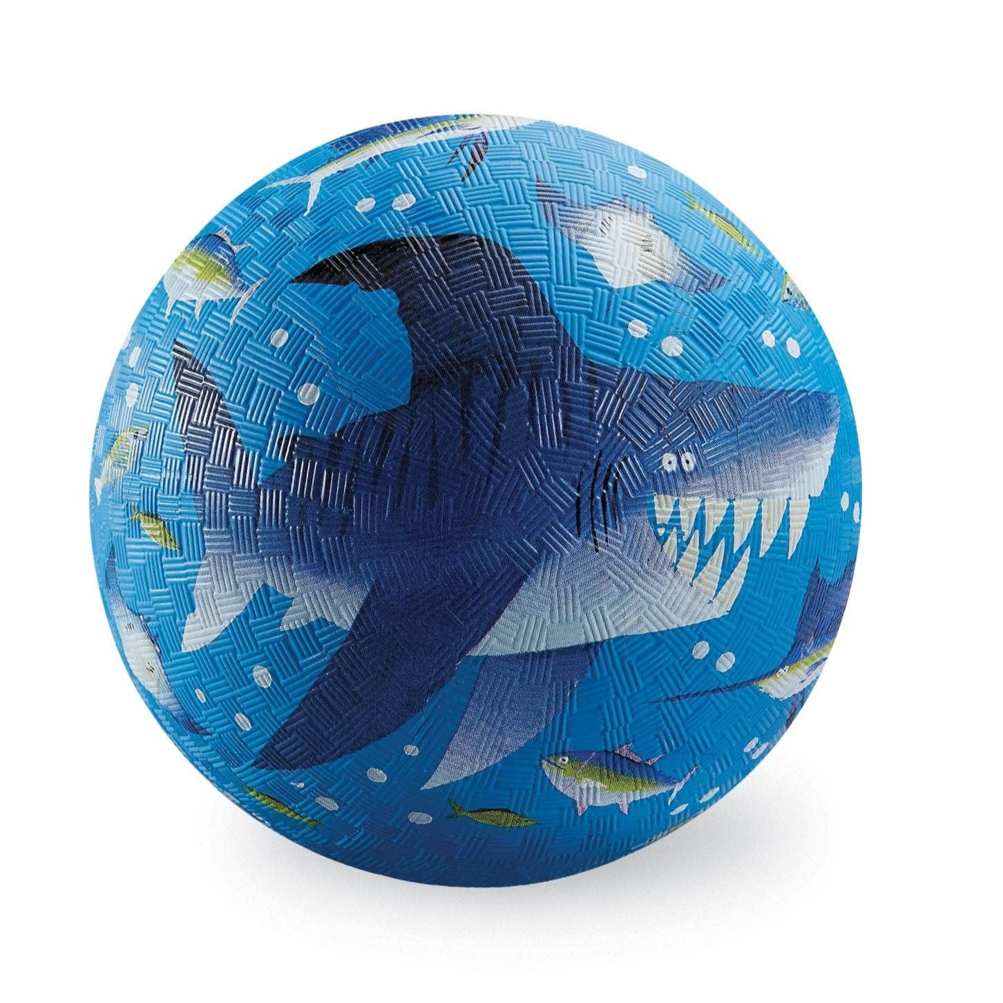 Blue ball with shark and fish pattern on a white background