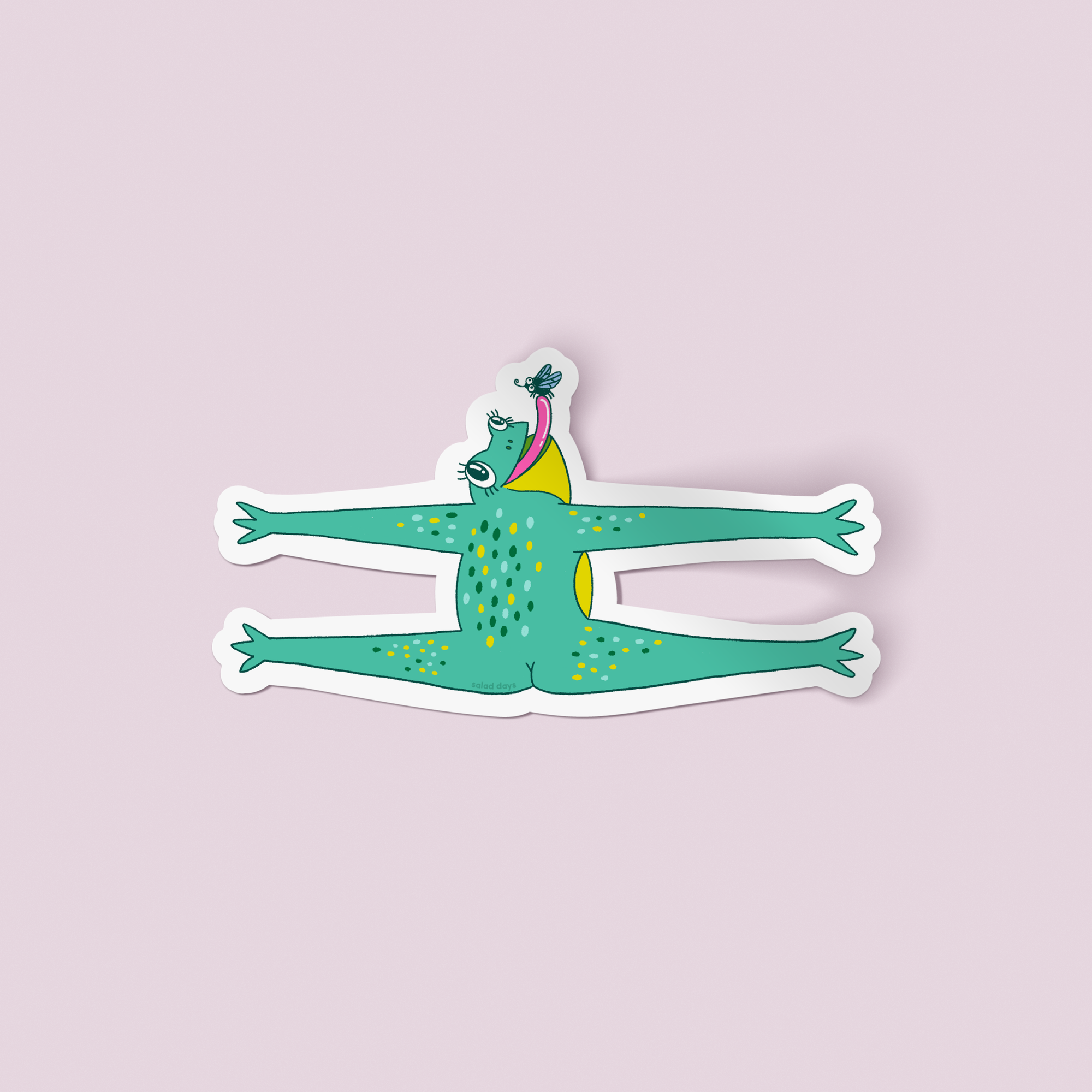 Illustration of a green character with yellow accents lying on its back on a light purple background