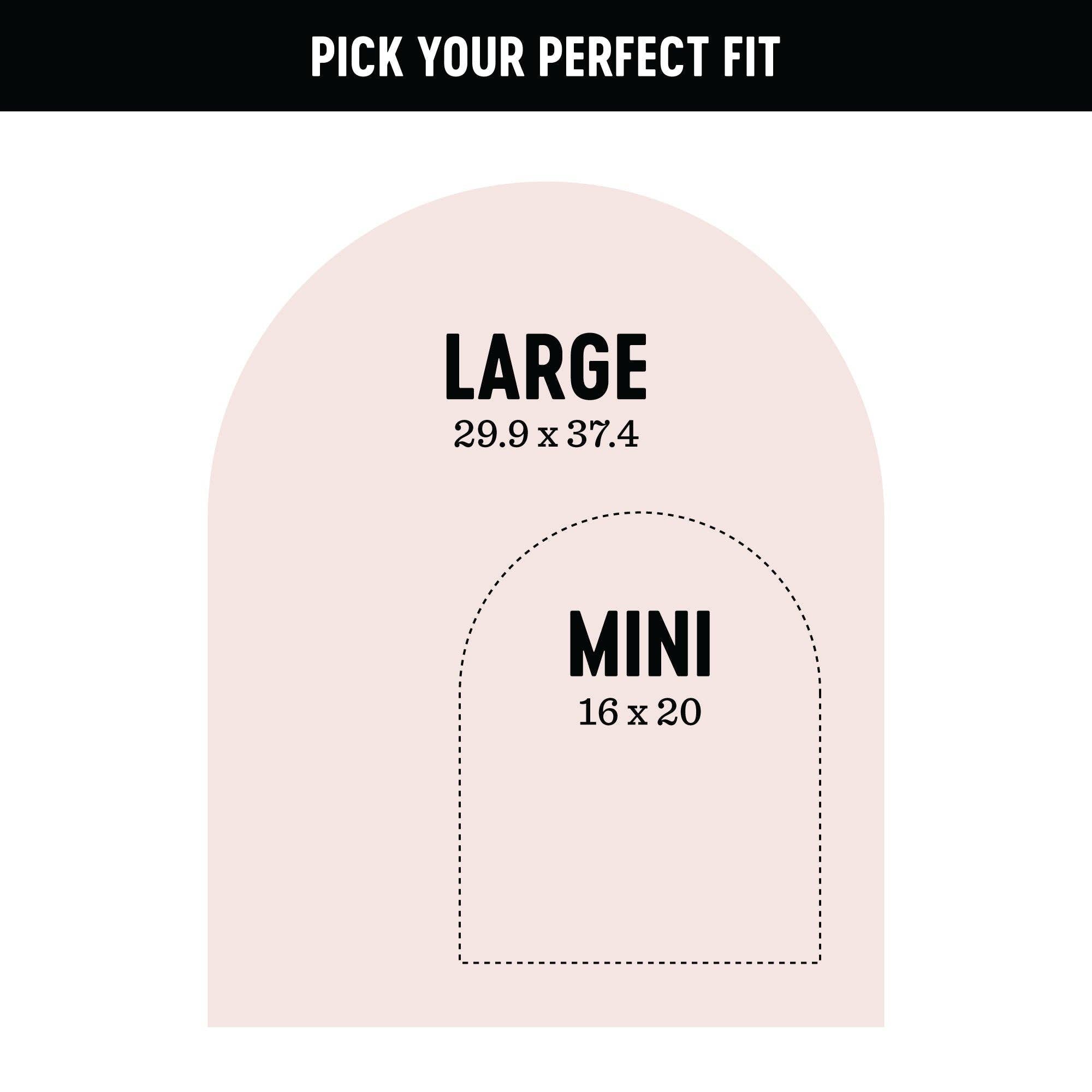 Measurement chart for large and mini items on a light pink background