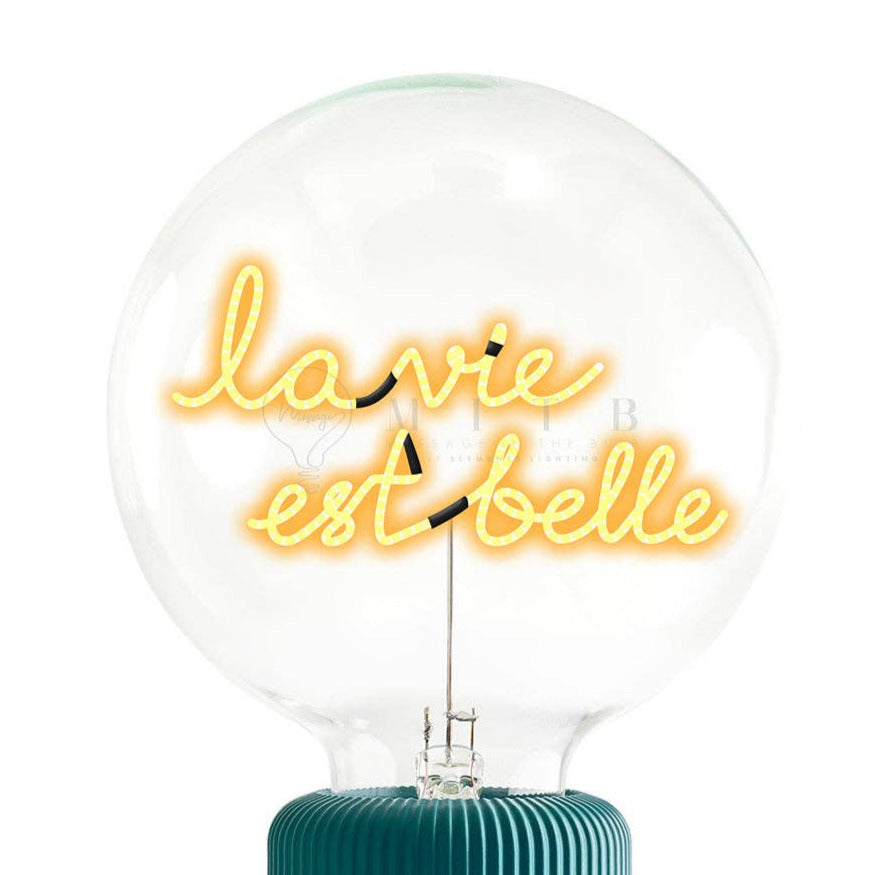 Neon light bulb with 'la vie est belle' text on a white background