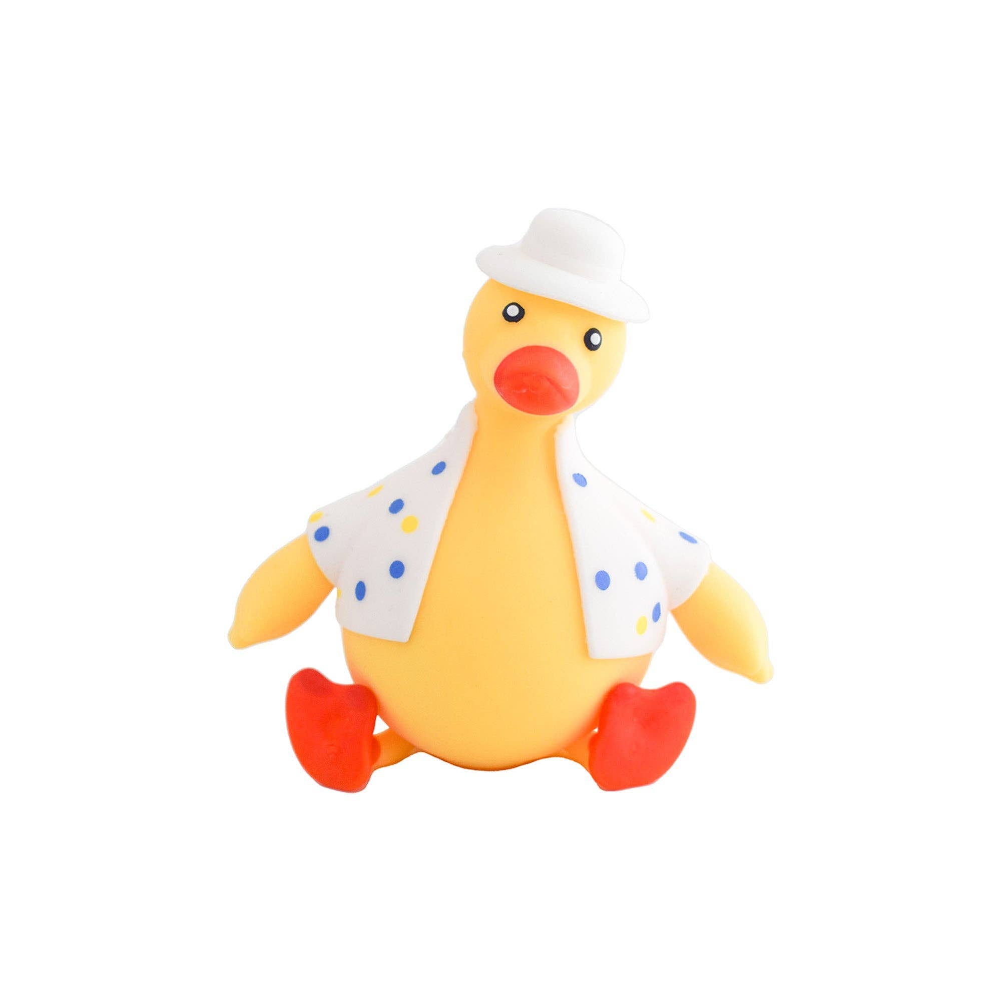 Toy duck with a white hat and colorful vest on a white background