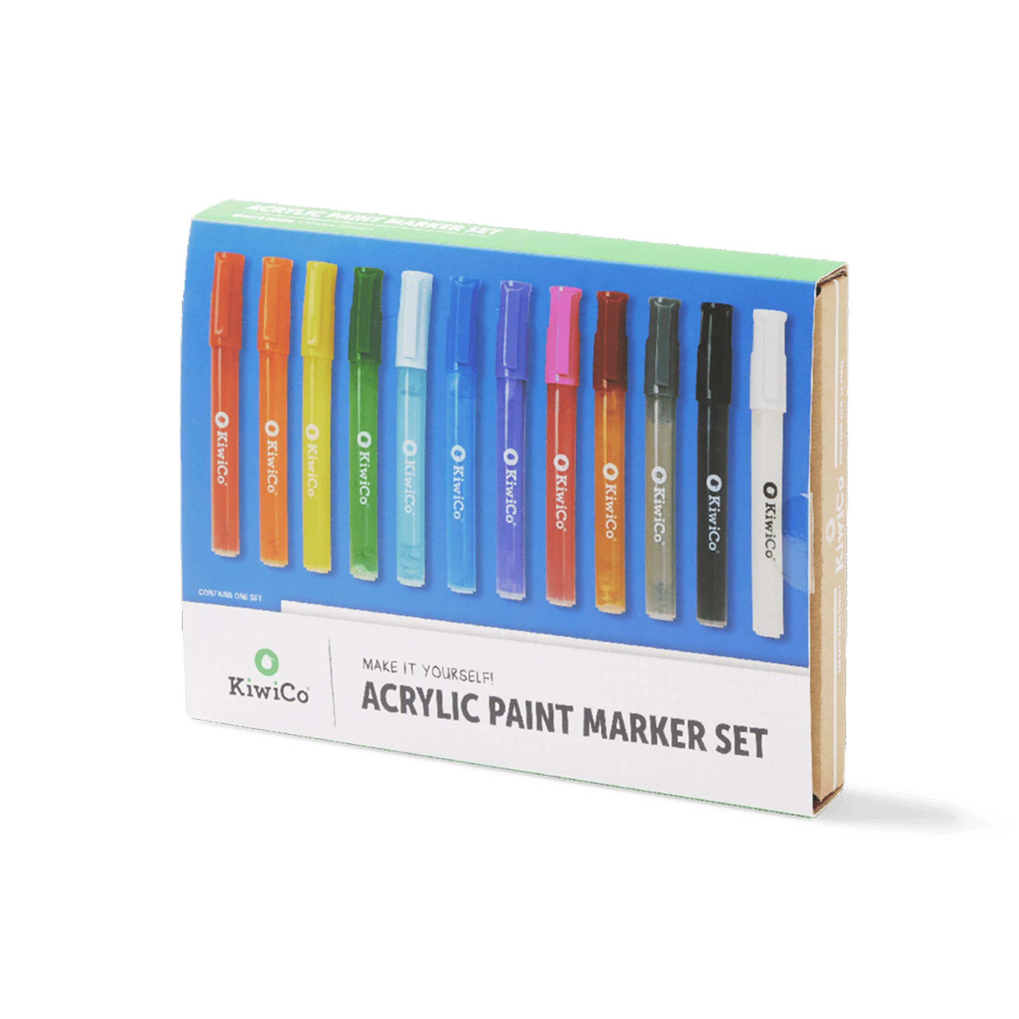 KiwiCo acrylic paint marker set in its retail packaging, showing ten colorful markers inside a blue and white box on a white background.