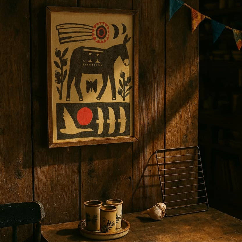 Wooden wall with framed artwork of a donkey, cups on a saucer, and a bird on a rustic surface.