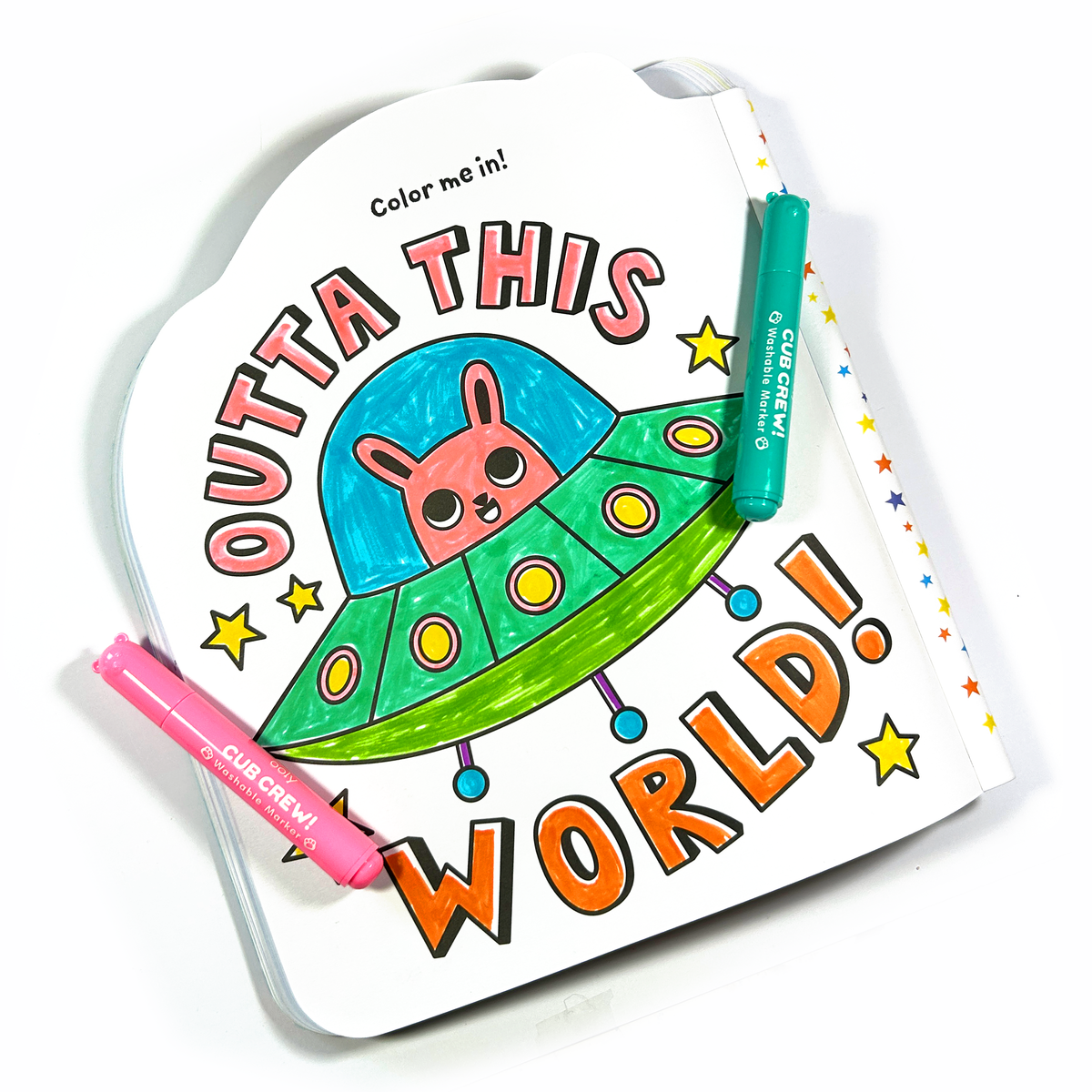 Coloring book titled 'Outta This World!' with markers on a white background
