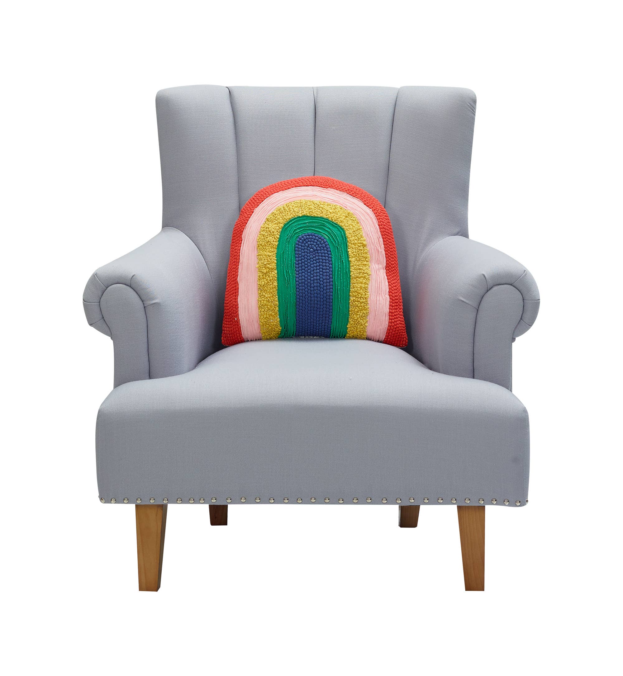 Gray armchair with a colorful rainbow pillow on a white background