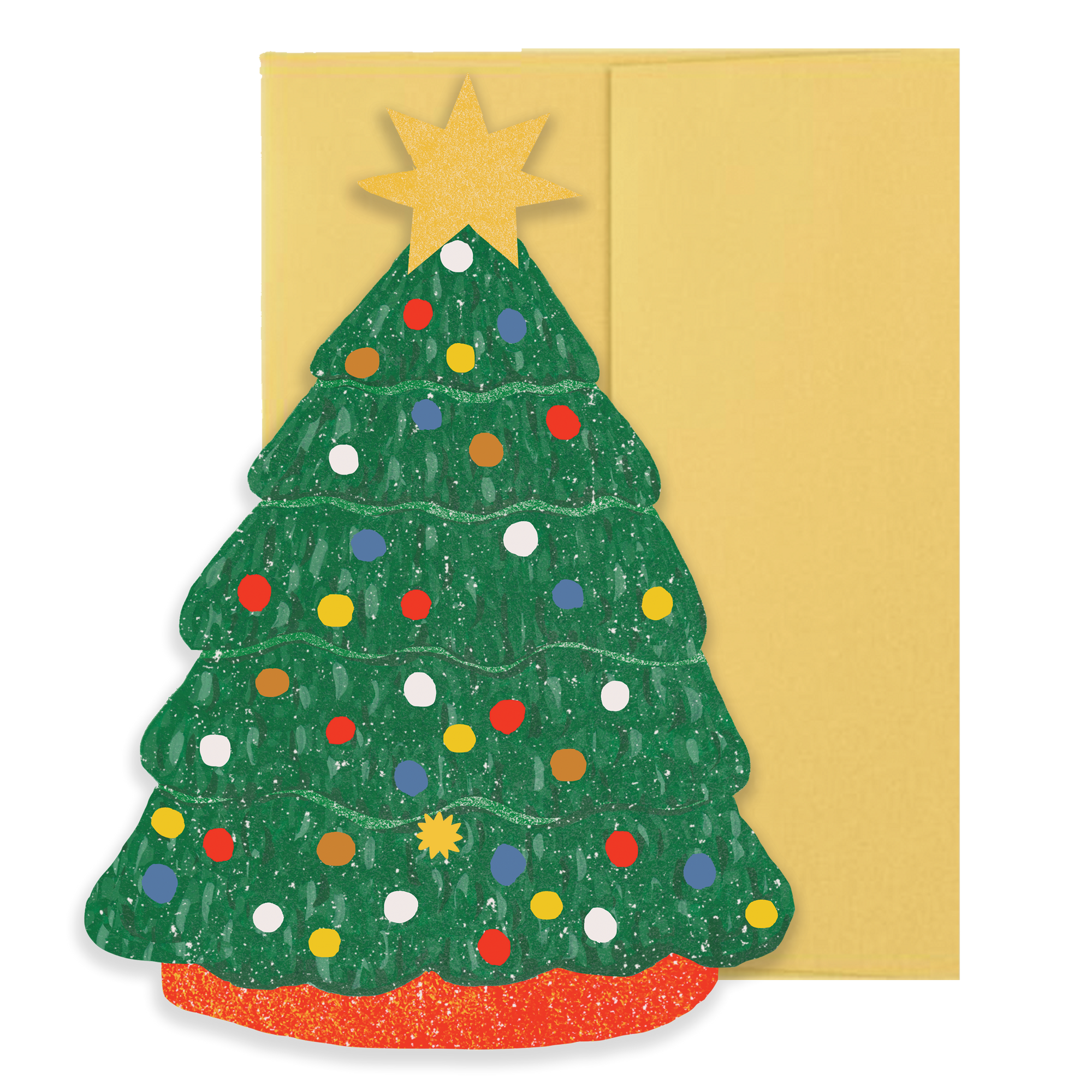 Christmas tree-shaped card with colorful ornaments and a star on a yellow envelope.