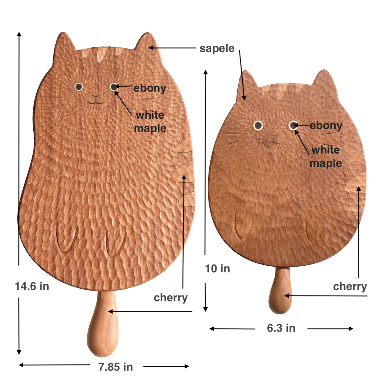 Wooden animal-shaped cutting boards with dimensions and wood type labels.