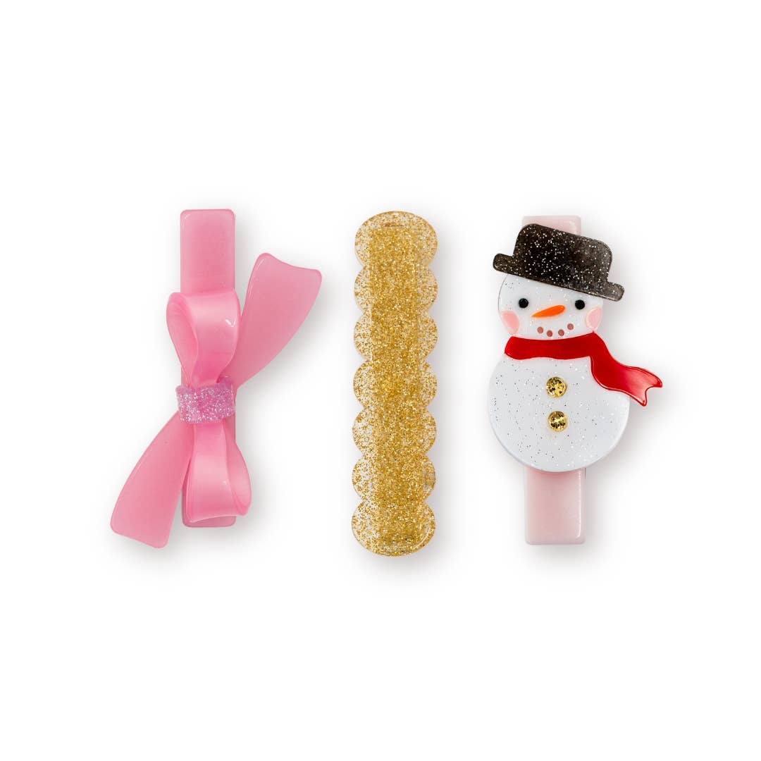 Snowman Pink Bow Hair Clips Set